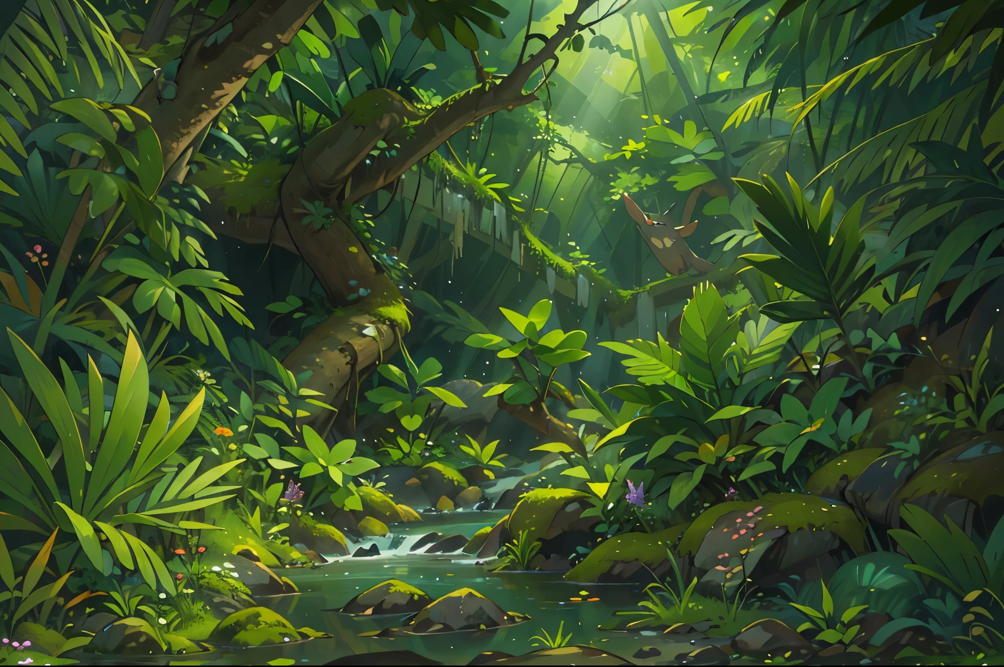 (((tmasterpiece)))，(((Very detailed CG unified 8k wallpaper)))，(((Best quality)))，Depict a tropical rainforest in the style of a children&#39;s illustration，early eveninultiple award-winning works, With incredible details, textures and maximum detail)）,