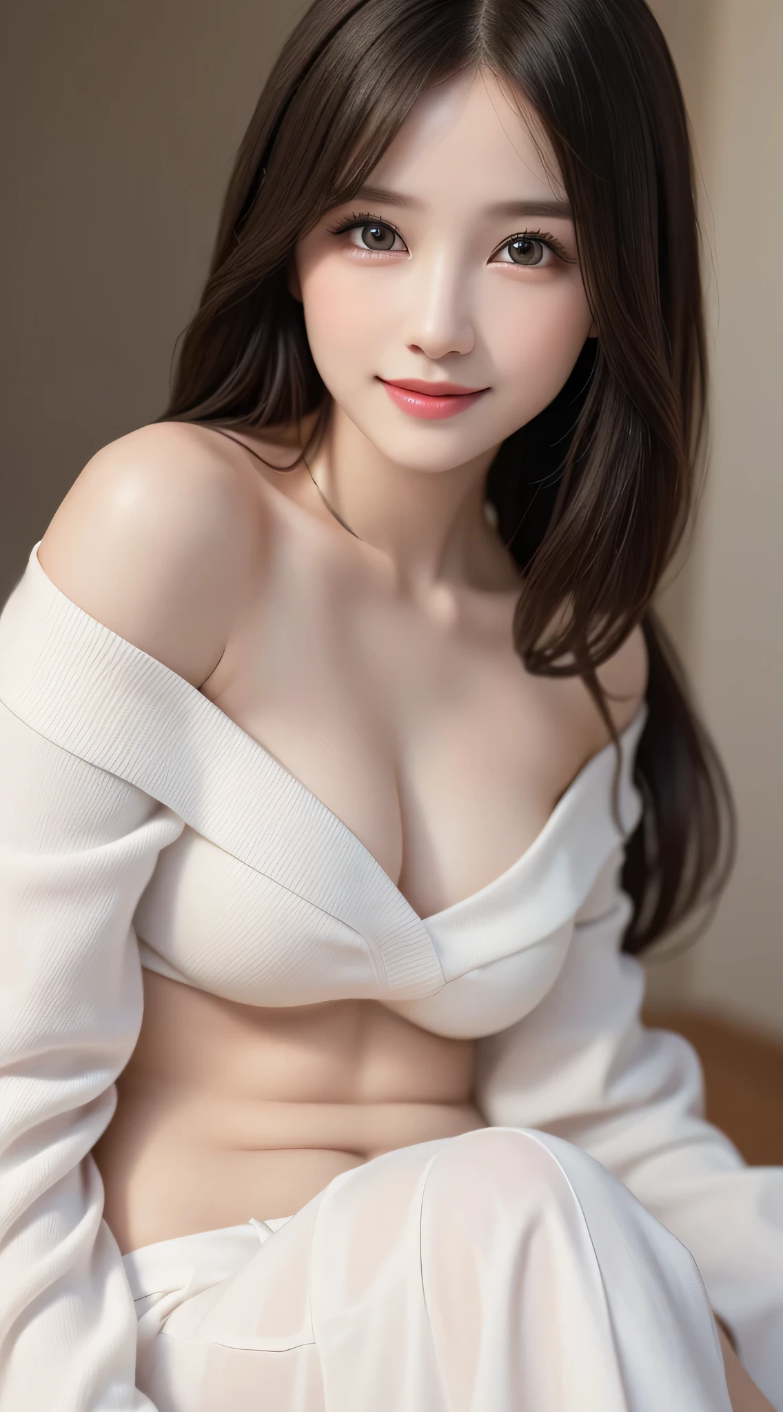 top-quality、Photorealsitic、8K、hight resolution、1 female、(mideum breasts:1.8)、Mileland、((No panties:1.3))、((No bra:1.6))、((Slouching woman:1.3))、((Beautiful areola))、((Big loose black knitted clothes))、((Thin pubic hair is visible))、