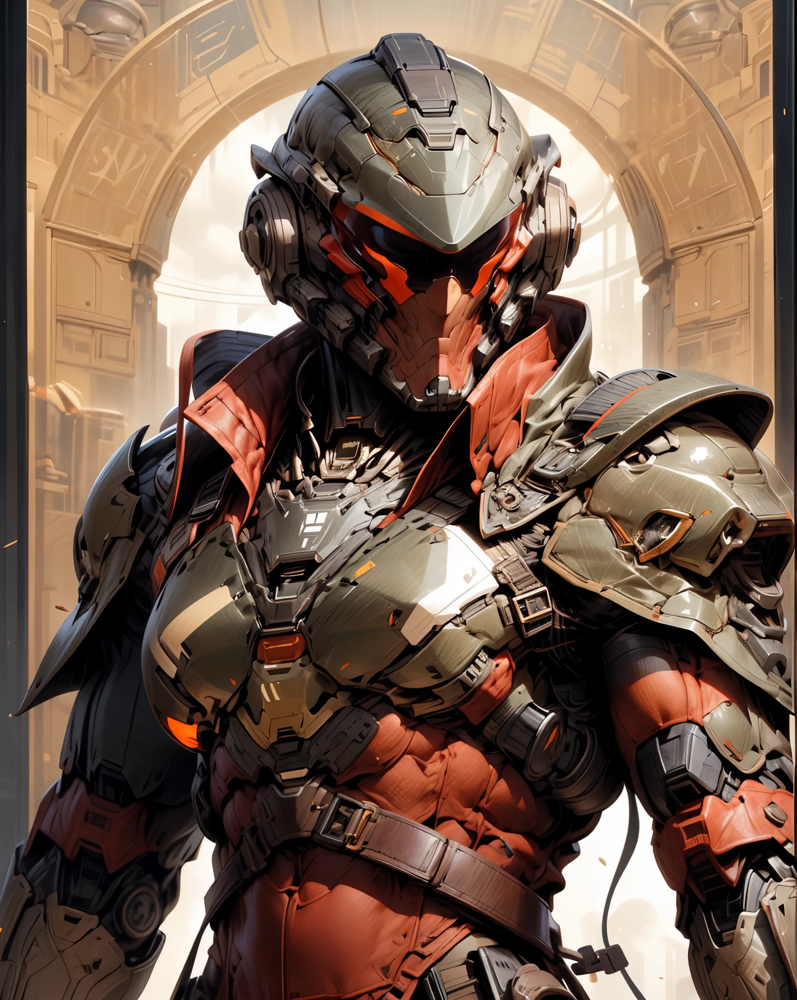 (((An epic and visually stunning digital anime masterpiece featuring a sylphlike masculine ((male:1.5)) decorated military dieselpunk cyborg soldier clad in a sleek yet tactical armored yet decorated leather military trench coat:1.2))), (((flat masculine male chest:1.5, mechanical full head helmet, mecha helmet with narrow polarized visor:1.5))), (((the character adorned in a (scifi tactical armored open front trench coat with a built in exoskeleton) (over a form fitted armor plated yet super sleek and revealing under suit with waist cut outs), the armor plating on the upper arms and shoulders beautifully engraved))):1.4. The image showcases the intricacies of the character’s armor and clothing:1.5, ((capturing their flamboyant essence and heavy mecha aesthetic:1.2)). The character also possesses an androgynous charm, (((with slim yet heavily muscled physique:1.2, sylphlike with a sleek waist, toned yet beautifully sleek cybernetic arms:1.3, mechanical arms and legs:1.3, mecha muscles:1.3))), looking at viewer, (((brass metal armor and brown leather, dieselpunk:1.3))), (((depth of field, cinematic lighting, chromatic aberration, ray tracing, UHD, masterpiece, top of head covered, super detail, high details, high quality, award winning, 8k, highres, halo)))
