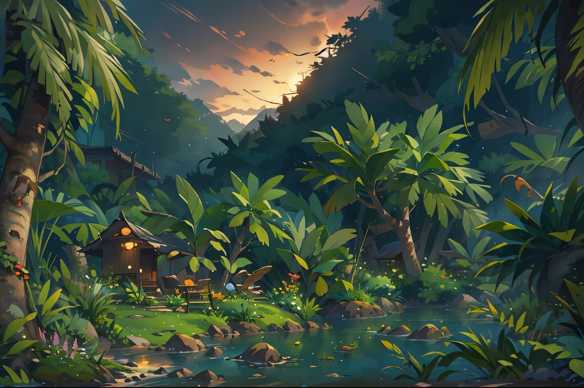 (((tmasterpiece))),(((Very detailed CG unified 8k wallpaper))),(((Best quality))),Depict a tropical rainforest in the style of a children's illustration,early evening,Quiet atmosphere,