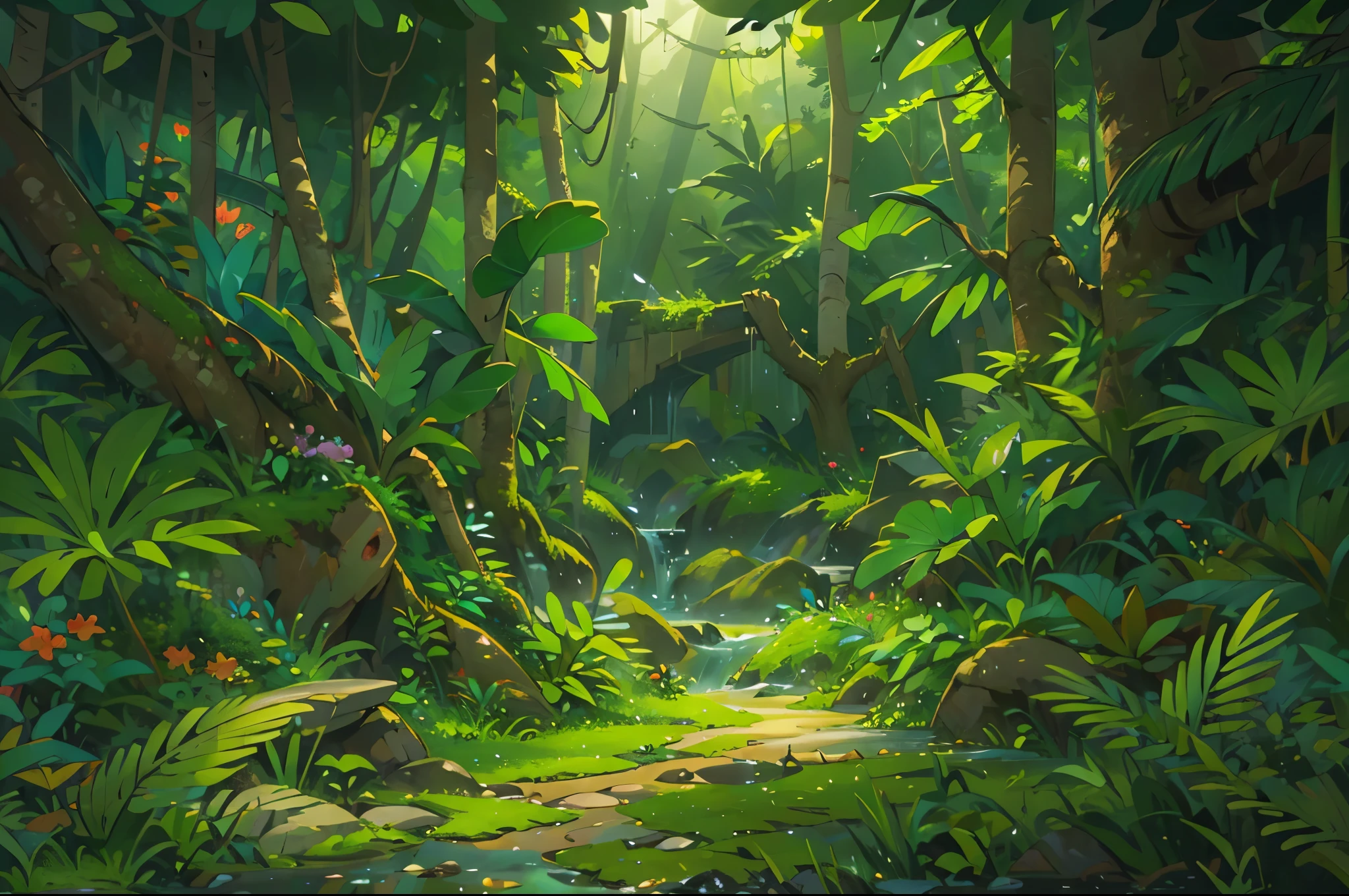 (((tmasterpiece)))，(((Very detailed CG unified 8k wallpaper)))，(((Best quality)))，Depict a tropical rainforest in the style of a children&#39;s illustration，early evening，Quiet atmosphere，