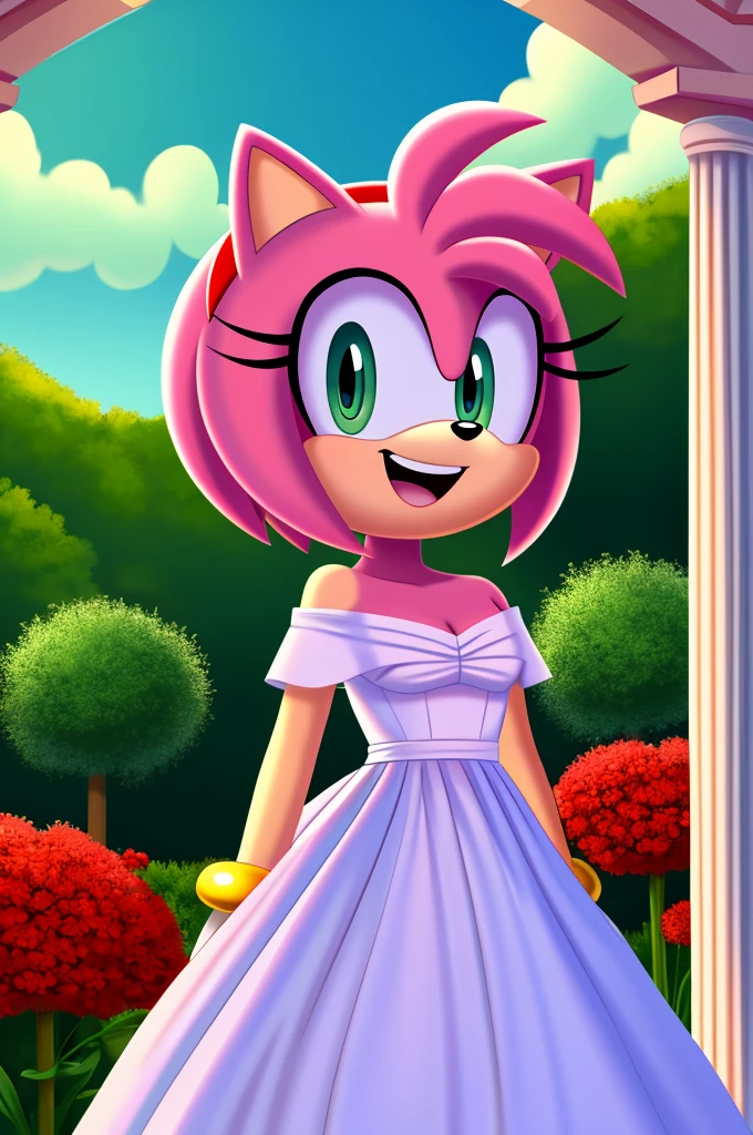 Amy Rose, Bare Shoulders, Strapless White Dress, White Lace Off-shoulder top, White Ruffle Off-the-Shoulder Top, White Maxi Dress, Bangs, Smile, Open mouth, Standing Up, Hands Down, Garden Background, Flowers, Columns, close-up, daylight, 2D flat, 2D illustration, cartoon style.