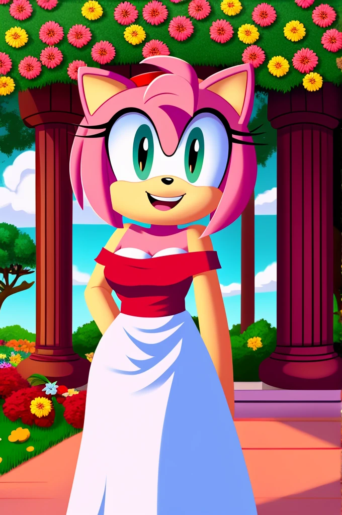Amy Rose, Bare Shoulders, Strapless White Dress, White Lace Off-shoulder top, White Ruffle Off-the-Shoulder Top, White Maxi Dress, Bangs, Smile, Open mouth, Standing Up, Hands Down, Garden Background, Flowers, Columns, close-up, daylight, 2D flat, 2D illustration, cartoon style.