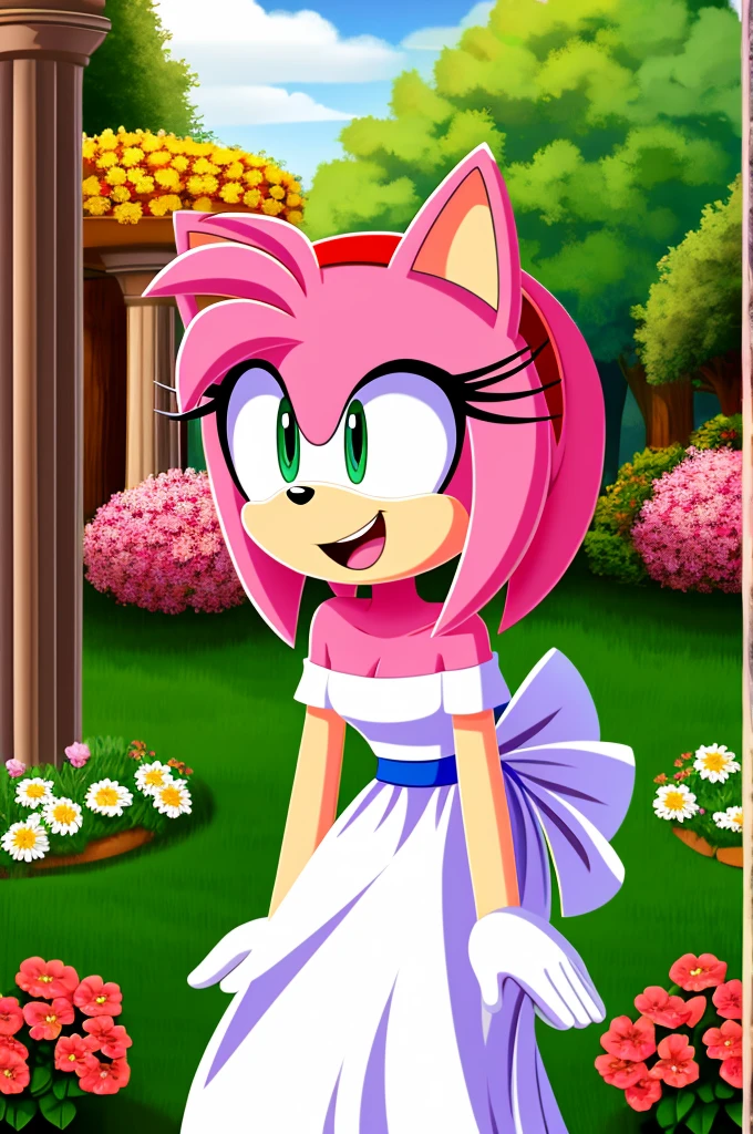 Amy Rose, Bare Shoulders, Strapless White Dress, White Lace Off-shoulder top, White Ruffle Off-the-Shoulder Top, White Maxi Dress, Bangs, Smile, Open mouth, Standing Up, Hands Down, Garden Background, Flowers, Columns, close-up, daylight, 2D flat, 2D illustration, cartoon style.