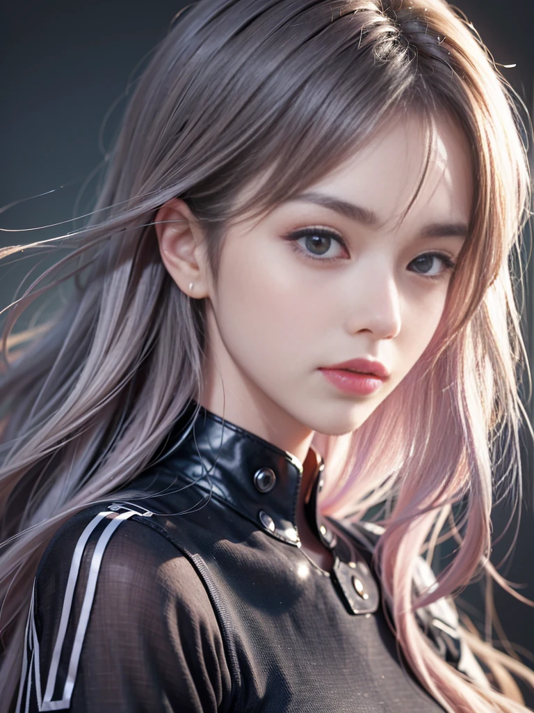 Masterpiece, 1 Beautiful Girl, Detailed Eyes, beautiful Eyes, Top Quality, Ultra High Resolution, (Reality: 1.4), Original Photo, 1Girl, Cinematic Lighting, Korean, Asian Beauty, Korean idol star, Very Beautiful, Beautiful Skin, Slender, Body Facing Front, (Ultra Realistic), (High Resolution), (8 K), (very detailed), (best illustration), (beautifully detailed eyes), (super detailed), detailed face, looking viewer, facing straight ahead, neat clothes, sleeveless, long hair, silver-pink hair, 46 point slanted bangs, cyberpunk background, neat and clean, realistic photo quality,Clothes made of material that feels soft like cotton,thin clothing,look directly at the photographer,