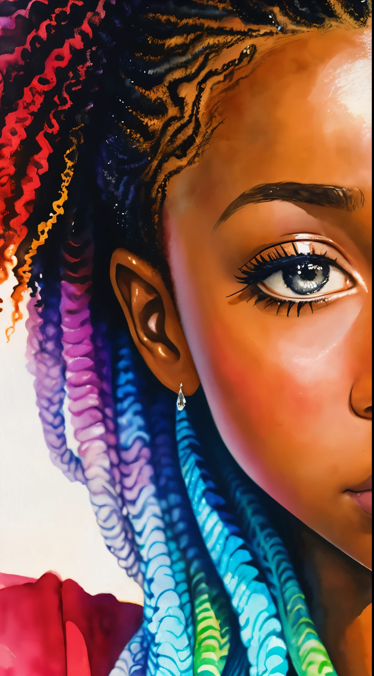 painting of a woman with a curly hair in her hair, inspired by Chinwe Chukwuogo-Roy, pretty black girl, african american girl, black teenage girl, medium close up, watercolor portrait, trending on artstration, frowning, apathetic, shiny curly braids, highly detailed, 8k, uhd