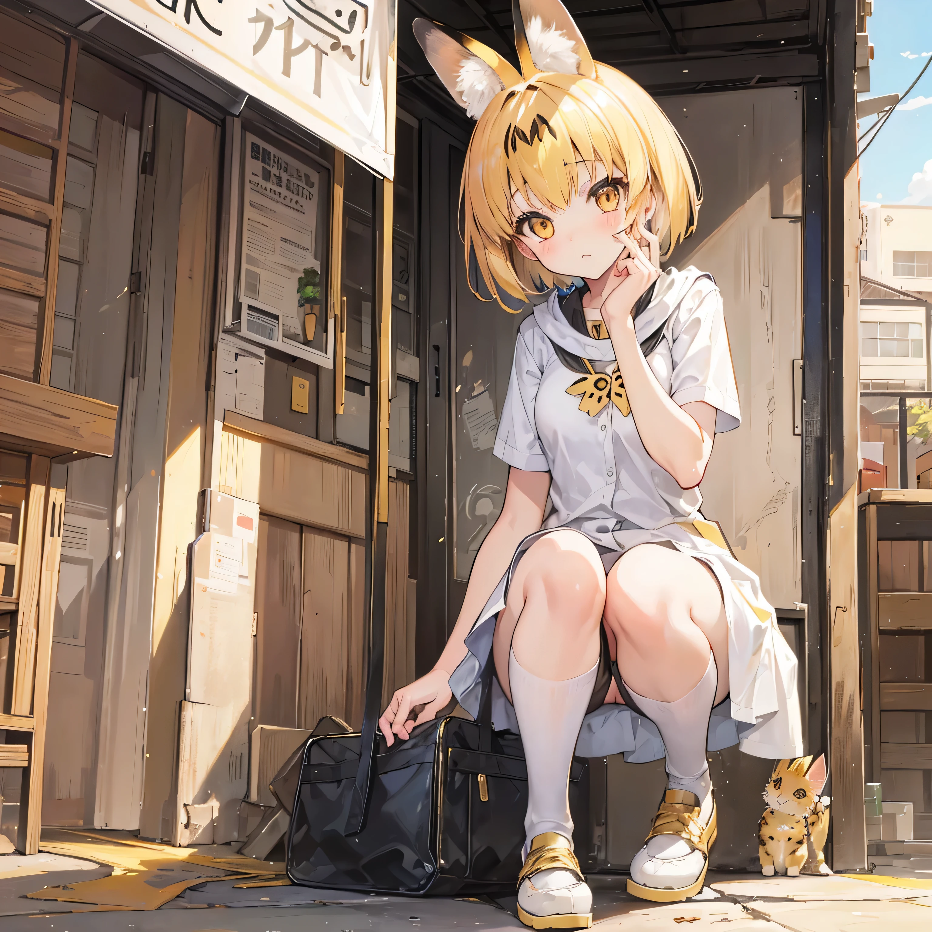 1girl, Serval from kemono friends in a cute art style. (Ojos dorados), (pelo corto)