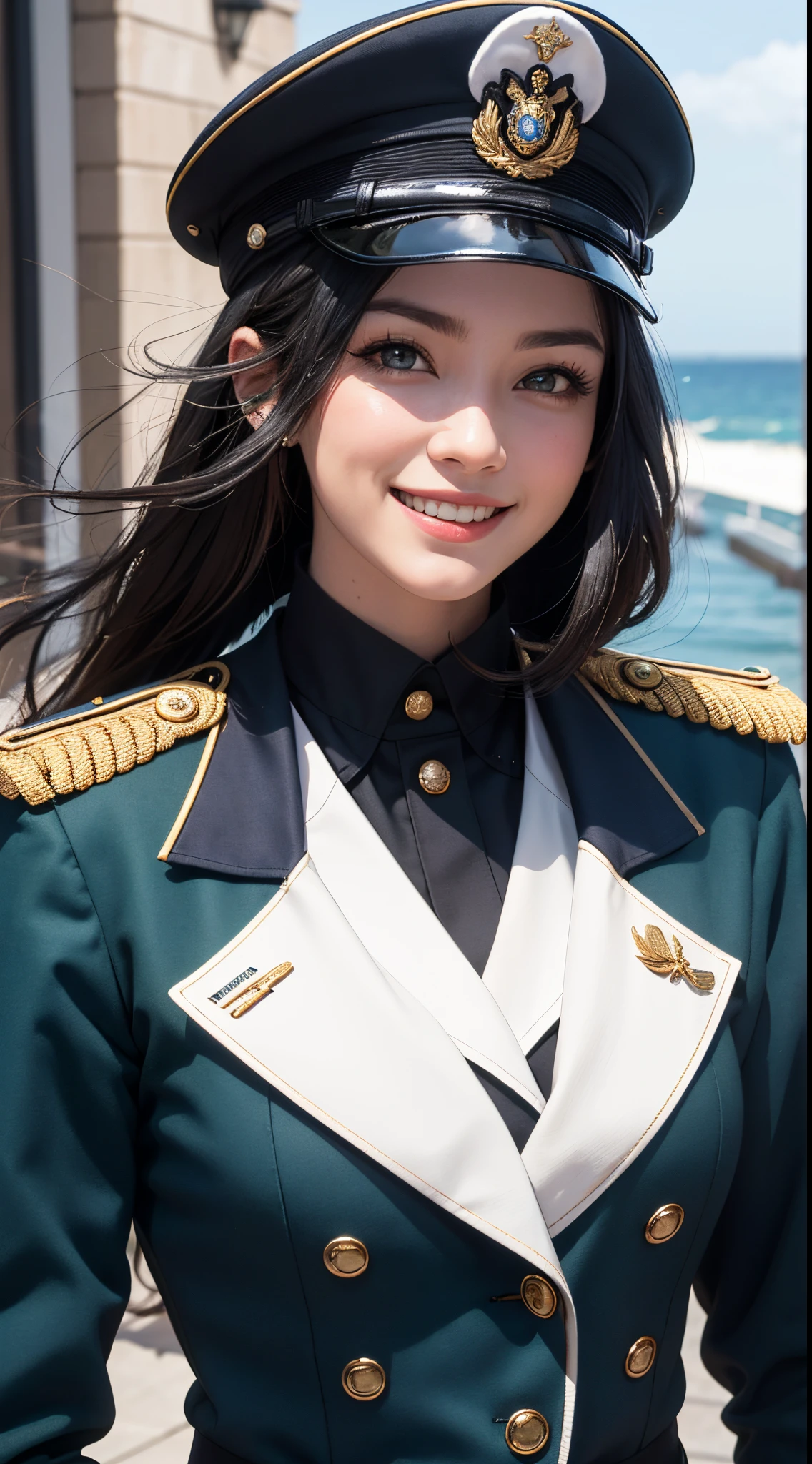 (UHD, retina, masterpiece, ccurate, anatomically correct, textured skin, super detail, high details, high quality, best quality, highres, 1080P, HD, 4K, 8k, 16k), (beautiful detailed eyes, beautiful detailed lips, extremely detailed eyes and face), studio lighting, physically-based rendering, vivid colors, (large breasts, glamorous body), (royal green color, naval uniform coat, rank insignia:1.5), (peaked cap:1.2), business shirt, gloves, (portrait, shiny hair, shiny skin, blush, hair blowing in the wind), (scenery of a ship sailing through the blue sea, bokeh), eye reflection, jet black hair, (smile and laugh:1.5),