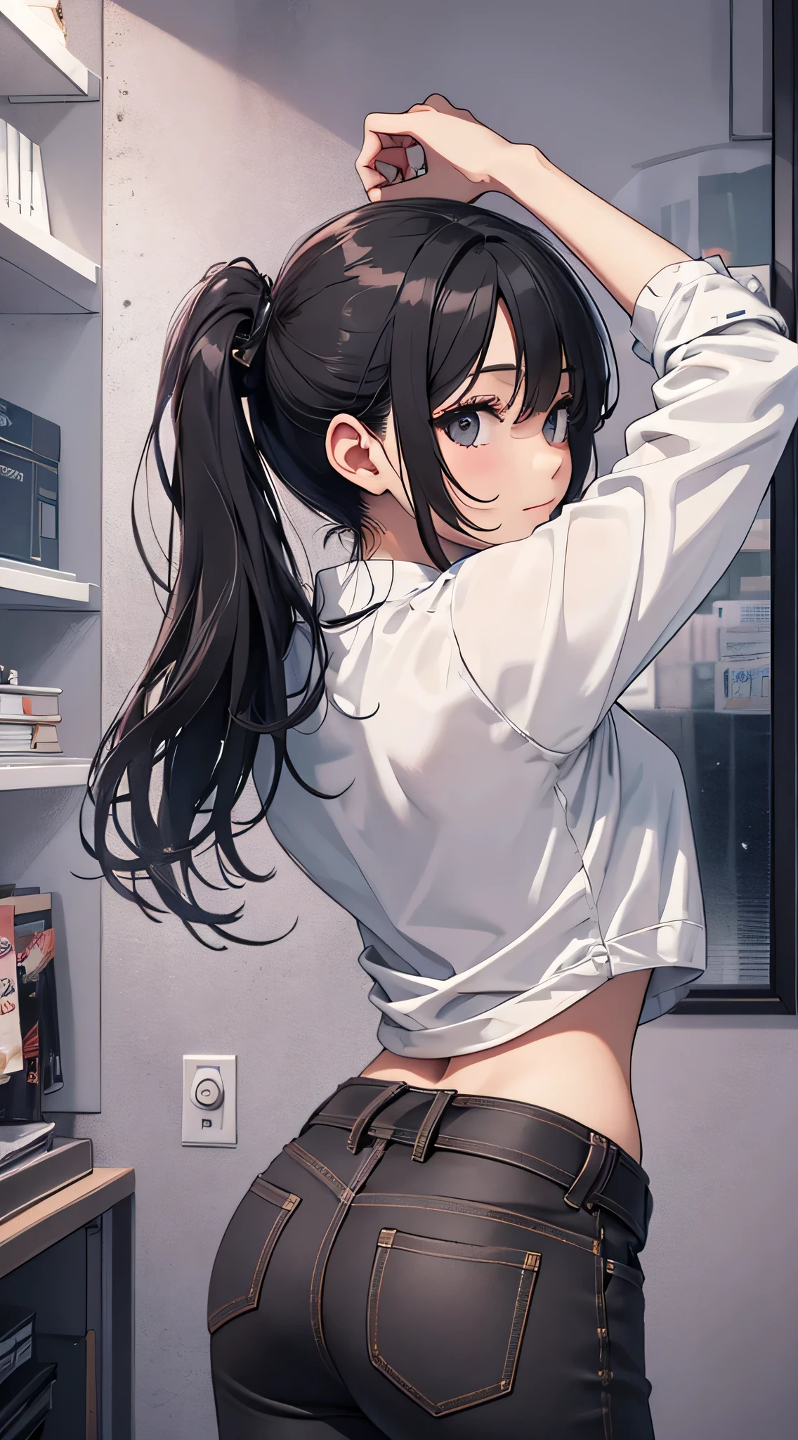 masterpiece, best quality, ultra-detailed, reverse cowgirl position, straddling, sex from behind, ass, 1boy, 1girl, sex, penis, aahayasaka, side ponytail, medium breasts, necklace, collared shirt, black vest, sleeves rolled up, clothes around waist, black skirt, skirt lift