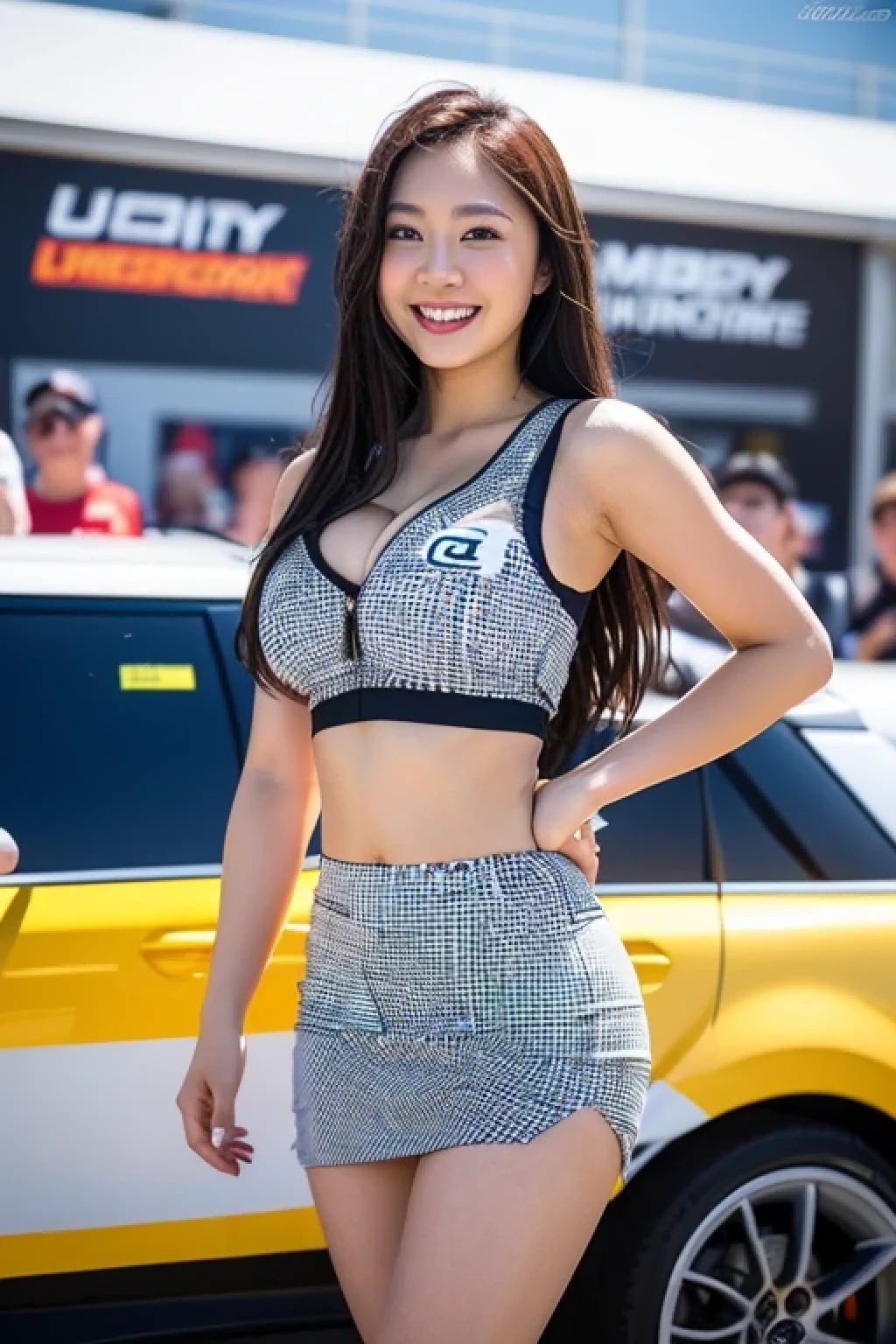 the Extremely Detailed CG Unity 8K Wallpapers, Best Quality, Ultra-detailed, masutepiece, Realistic, photographrealistic, extremely detailed cute girl, 25-years old, 
(Wearing a grid girl costume with sponsor's logo printed on it:1.3), (Mini skirt ) , (Stand in a motorsport race),  , ((Showing panties:1.3)),  (cleavage), Smile , ass shot ,