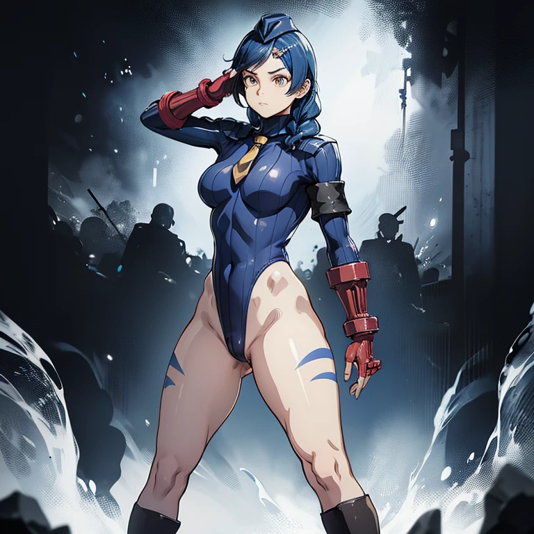 ultra-detailed, Explicit, Beautiful body, Beautiful Nose, Beautiful character design, perfect eyes, perfect face, ultra highres, 4K, beautiful legs, perfect legs, Nice hands, Perfect hand, Masterpiece, Best Quality, Highly detailed, illustration, absurdres, street fighter, doll suit, shadaloo doll, dollsuit, girls, multiple girls, expressionless, blank eyes, looking at viewer, red gloves, emotionless, black latex, corrution, mind control, female combatant, full body, hypnotized, unhappy trance, full body suit, ribbed bodysuit, both arms at side, obey, perfect female body, extremely glossy latex, hypnosis, hypnoLora, empty eyes, Mind control device, poses, submissive_pose, Slave, hat, necktie, stand up straight, standing, standing at attention, hat, necktie, belt, latex, ribbed bodysuit, thighhighs, garter belt, Fighting Stance, extending the right arm from the shoulder into the air with a straightened hand, nazi saluting, military, military saluting, salute, thigh boots, tadokoro megumi
twin braids, hairclip, yellow hair, blue hair, long hair
