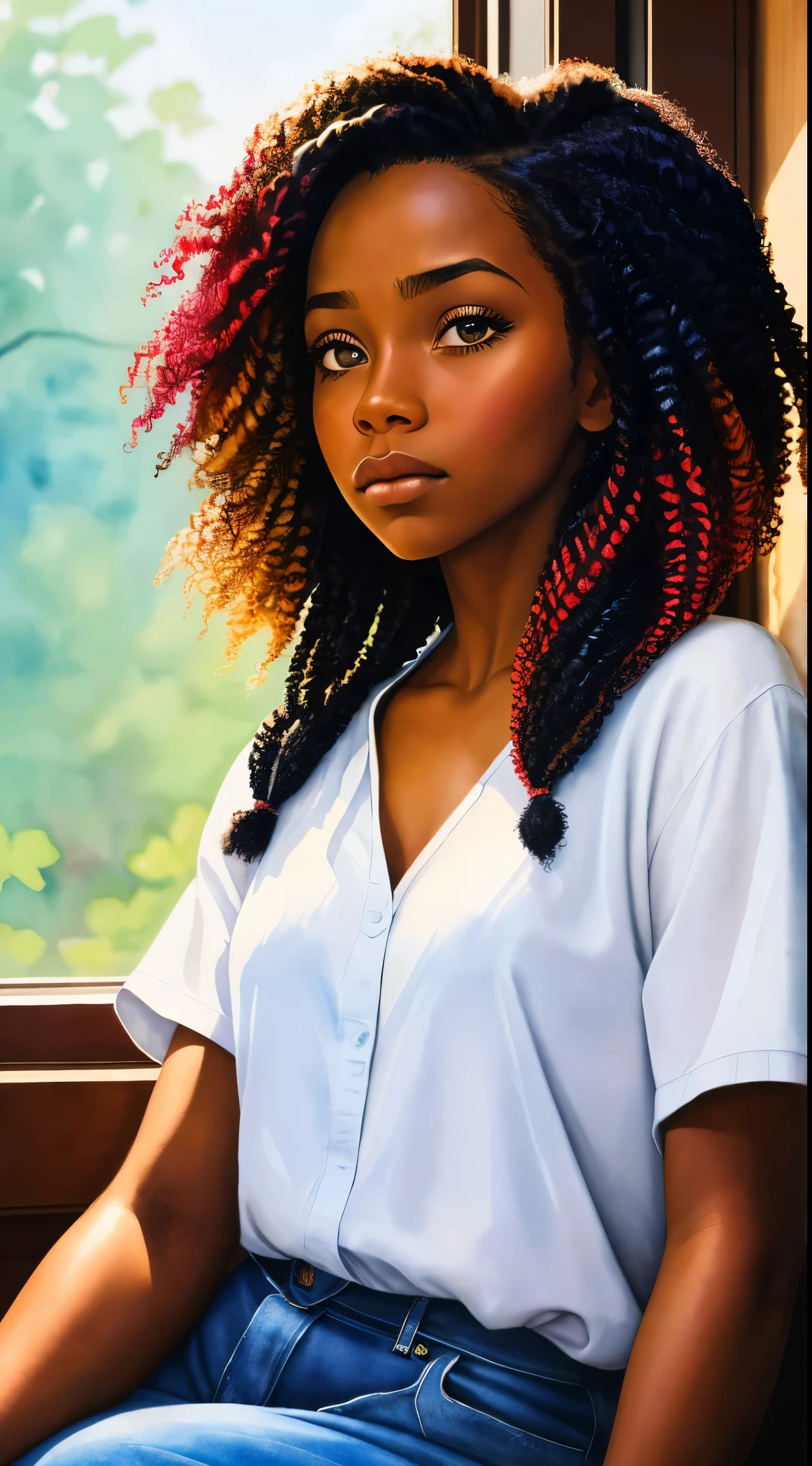 painting of a woman with a curly hair in her hair, inspired by Chinwe Chukwuogo-Roy, pretty black girl, african american girl, black teenage girl, sitting near a window, natural_light, watercolor portrait, trending on artstration, frowning, apathetic, shiny curly braids, highly detailed, 8k, uhd