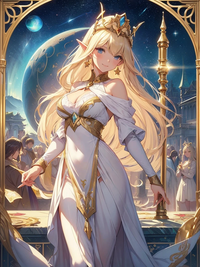 top-quality、Top image quality、masterpiece、Super beautiful elf beauty((24 year old、Best Bust、big bast、Bust 90,beautiful long ironed hair、a blond、globe、A sexy、A slender、a closeup、Esbian、beautiful tiara、hiquality、Beautiful Art、Background with((starrysky)))masutepiece、visualart、depth of fields、low angle of morning sky、、Elven ears、、light magic、Space Knight、harp melody🎵、Happy smile、Gentle light、、Beautiful legs that are gentle on the skin、、、Number of fingers to achieve precise finger movements、ticker beautiful decorative underwear、elegent、Mystical Rosa、 Heaven、Marble pillars, beautiful dressy、magnificent marble dome、巨大なglobe、religious painting、Hug the earth、Temple of Time、Great watch、hour glass、sundial、moment of creation!myth、alphonse mucha art、art noveau、byzantine art、golden mosaic decoration、the woodsの装飾、the woods、gold foil、、Raphael paintings