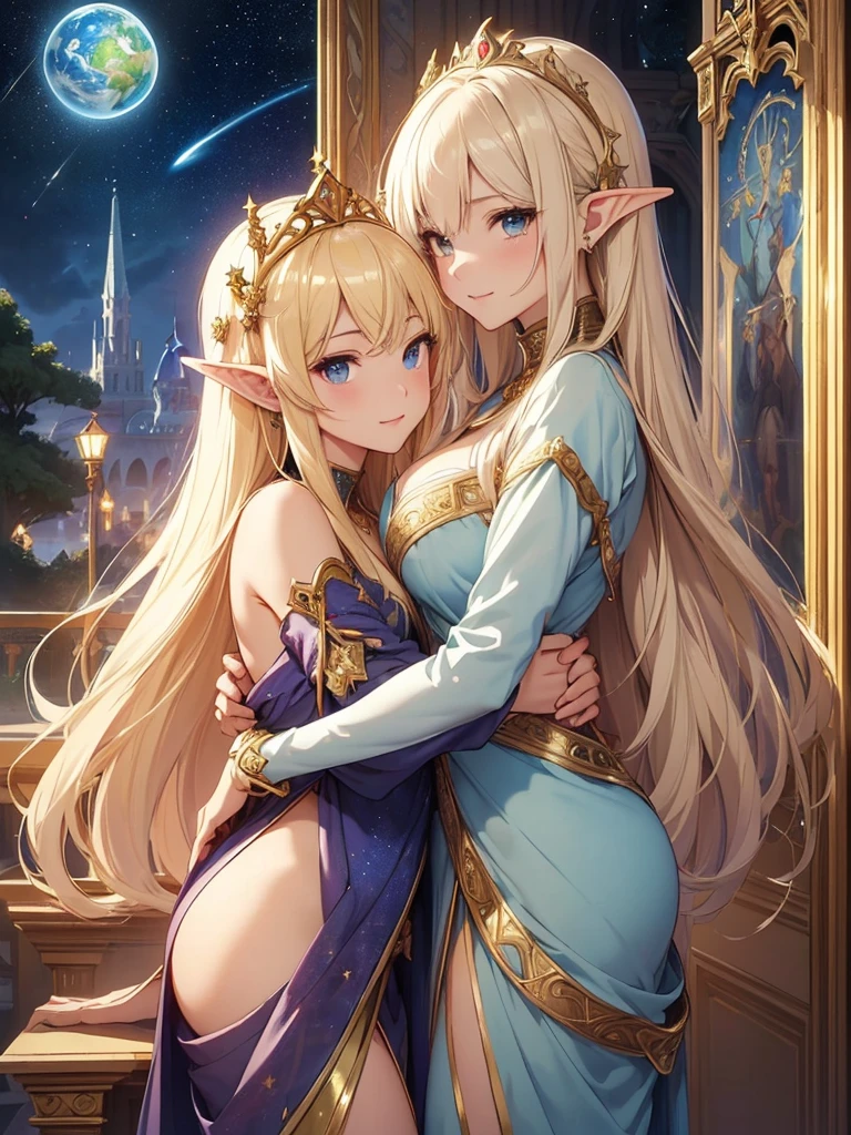 top-quality、Top image quality、masterpiece、Super beautiful elf beauty((24 year old、Best Bust、big bast、Bust 90,beautiful long ironed hair、a blond、globe、A sexy、A slender、a closeup、Esbian、beautiful tiara、hiquality、Beautiful Art、Background with((starrysky)))masutepiece、visualart、depth of fields、low angle of morning sky、、Elven ears、、light magic、Space Knight、harp melody🎵、Happy smile、Gentle light、、Beautiful legs that are gentle on the skin、、、Number of fingers to achieve precise finger movements、ticker beautiful decorative underwear、elegent、Mystical Rosa、 Heaven、Marble pillars, beautiful dressy、magnificent marble dome、巨大なglobe、religious painting、Hug the earth、Temple of Time、Great watch、hour glass、sundial、moment of creation!myth、alphonse mucha art、art noveau、byzantine art、golden mosaic decoration、the woodsの装飾、the woods、gold foil、、Raphael paintings