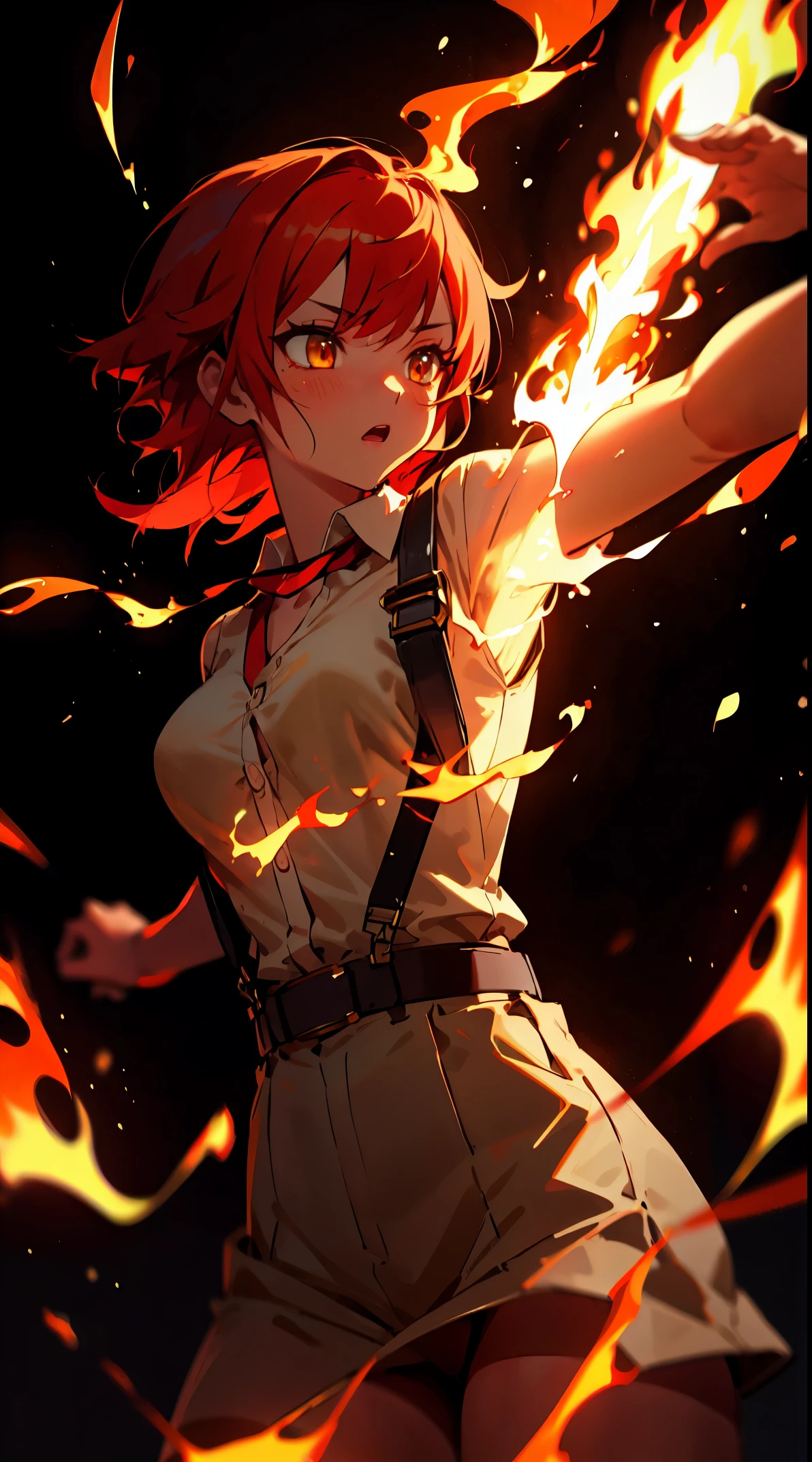 ((masterpiece)), best quality, 8k, high quality, high resolution, super detailed, ultra detailed, photorealistic, fiery and finely detailed face and eyes, ultra detailed and detailed skin texture, fiery eyes, perfect face, 1 girl, blazing red short hair, (fiery attire), flaming yellow eyes, athletic, muscular, Medium breasts, white shirt, collared shirt, (chest harness, shoulder strap:1.15) , (infernal aura), standing before a roaring bonfire, passionate expression, twilight, fiery landscape, crackling flames, intense atmosphere, (crackling embers), (dancing flames), since primordial times, Ignia, fiery eyes, background of blazing inferno.