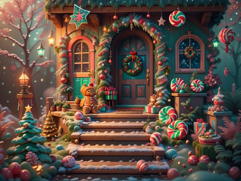 (tmasterpiece),(ultra - detailed:1.3),(Close-up: 1.8), Best quality,(Sparkling:1.2),(Christmas courtyard in a dreamy fairy tale:1.6),(Neon house,门上圣诞decorationlower ring: 1.8),(themoon),(((Delicious candies in front of the door,Christmas tree, gifts, Christmas stockings, cute gingerbread man,chocolate house splash))), Illustration style, decorations, Fantasy Christmas small courtyard, Lovely design style, natta,yuki,moon full,vivd colour、 ((Whimsical and charming fantasy)), Surreal portrait, (Fantasy themed Christmas cabin), (Whimsical Christmas Accessories), (Colorful, Landscape full of candy), (enchanting, 神奇的Christmas tree), (A vibrant one, Candy-colored courtyard), (Candy Road), (candy door) in distance, (Like a mirror, 不对称tmasterpiece钟表配件), (Rich, fantasticcolors), (Twinkling starour dimensional dream), (enchanting atmosphere), (Playful composition), (Vivid lighting effects), 1.4x realism,hyper HD,Shown in this beautiful scene,(Very meticulous,Reasonable design,Clear lines,High- sharpness,tmasterpiece,offcial art,movie light effect,8K)