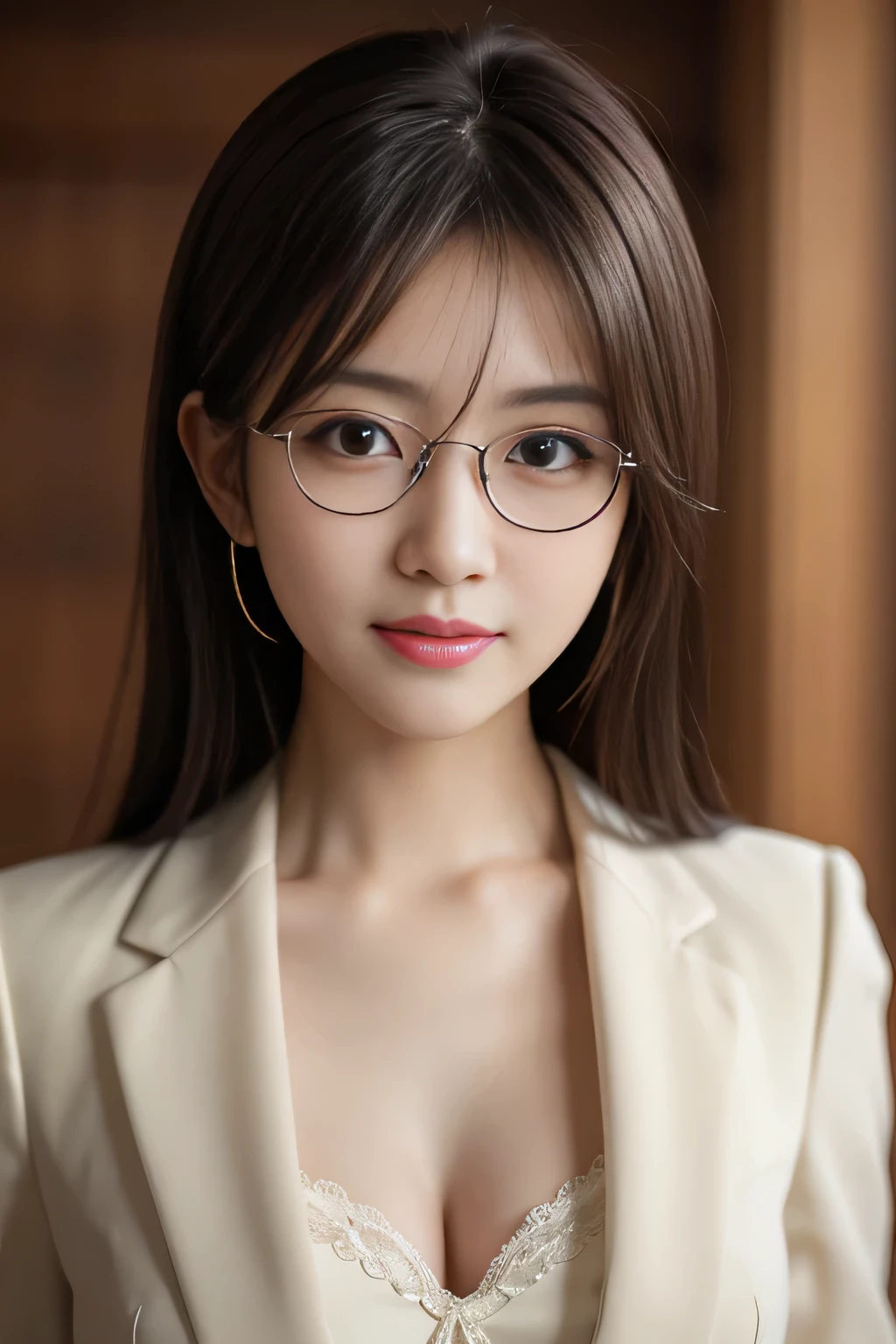 On a table,Best quality at best, realistically, ultra - detailed, Detailed pubic hair, A high resolution, solid color backdrop,8k wallpaper, 1 Beautiful woman,,wears glasses,light brown messy hair, Wear a dark suit, lock focus, Perfect dynamic composition, beautidful eyes, Delicate hair, 细致realistically的皮肤纹理, Smiling, closeup portrait, Model body type