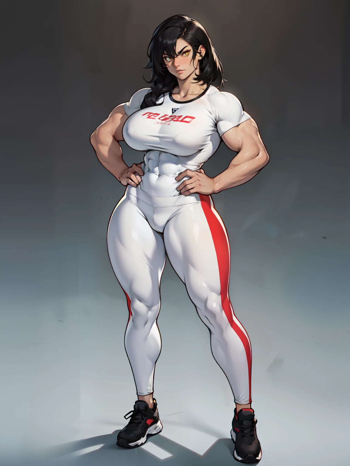 full body full body solo standing tight shirt leggings (((muscular girl toned body massive breasts))) yellow eyes black hair pale skin