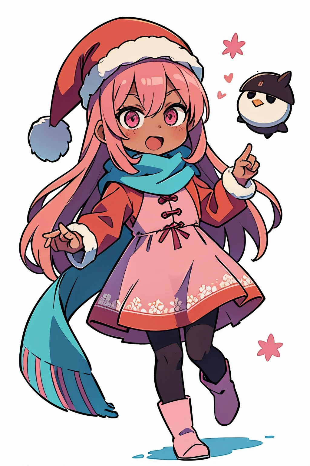 Stand in front of the photo、1girl in, (((dark skin))), Full body,long ((pink hair)),long boots,Open mouth and big smile、kawaii pose、Flowing iridescent silk、Wearing colored tights、up of face、Eye Up、Colorcon with heart pattern、Floral dress、Posing with a snowman、snowscape、season!!: Winters☀ 🍂, snow, (white background), santa hat, scarf, cold