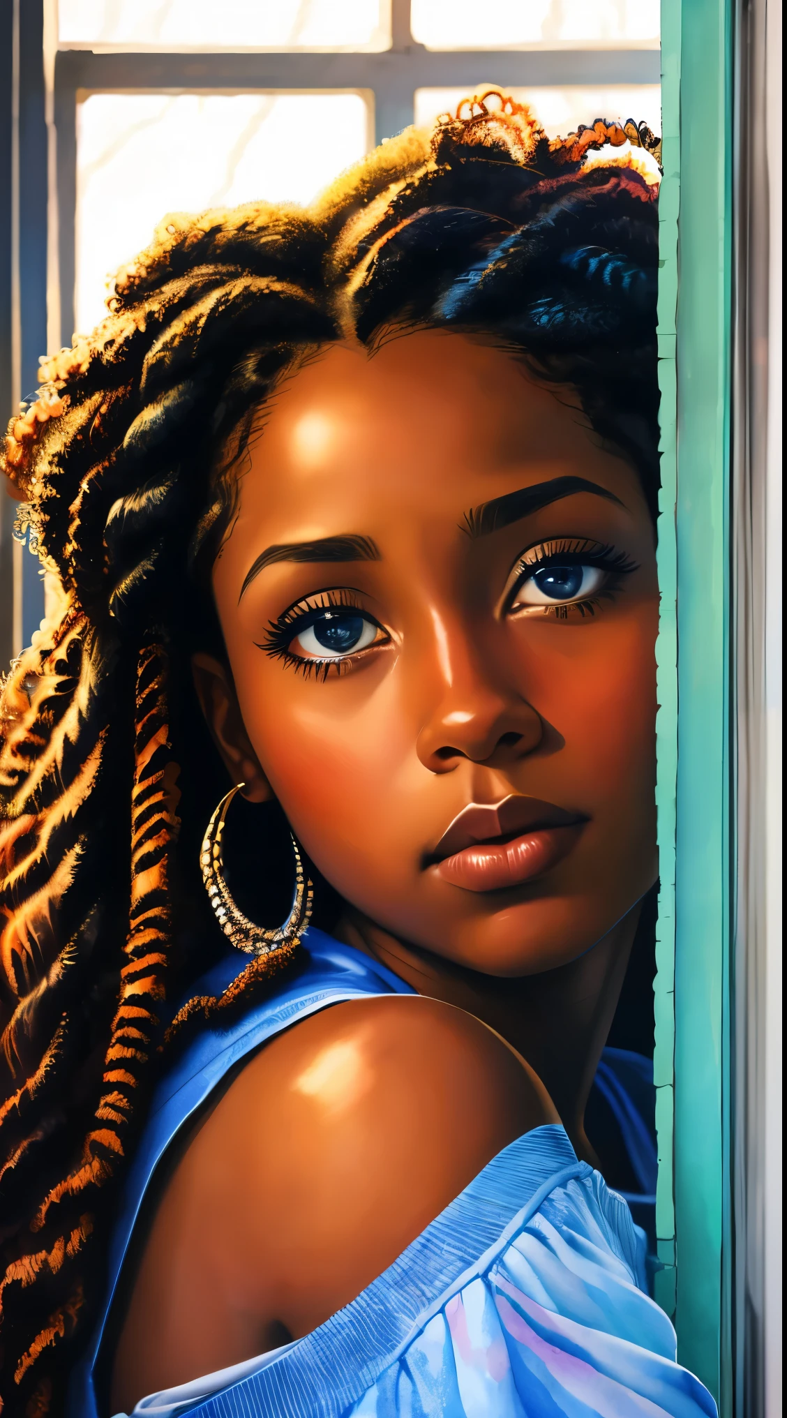 painting of a woman with a curly hair in her hair, inspired by Chinwe Chukwuogo-Roy, pretty black girl, african american girl, black age girl, sitting near a window, natural_light, watercolor portrait, trending on artstration, frowning, apathetic, shiny curly braids, highly detailed, 8k, uhd