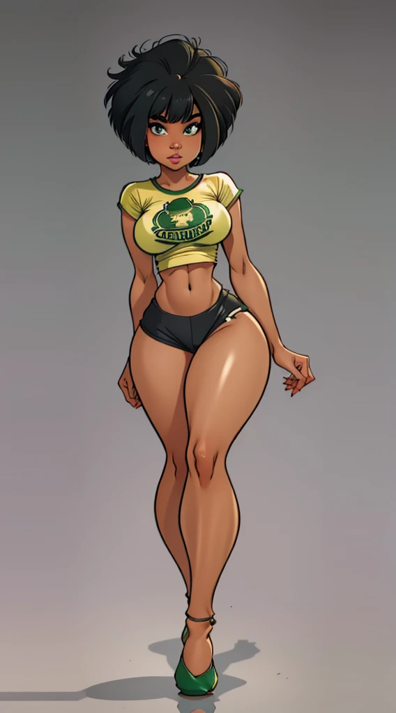 Alejandra (overwatch), latina, , body, twin braids, dark-skinned woman, sneakers, microskirt, no panties, black micro top, heavily made up, garyu, prostitution, prostitute, smoking, annoyed face,solo