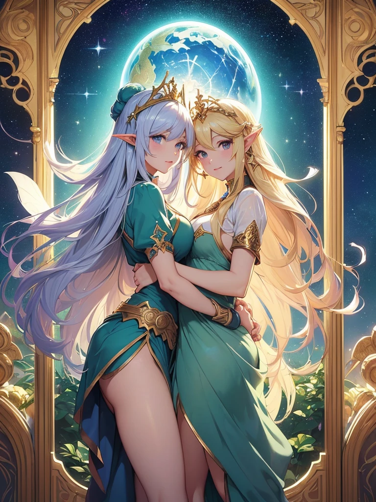 top-quality、Top image quality、masterpiece、Super beautiful elf beauty((24 year old、Best Bust、big bast、Bust 90,beautiful long ironed hair、a blond、globe、A sexy、A slender、a closeup、Esbian、beautiful tiara、hiquality、Beautiful Art、Background with((starrysky)))masutepiece、visualart、depth of fields、low angle of morning sky、、Elven ears、、light magic、Space Knight、harp melody🎵、Happy smile、Gentle light、、Beautiful legs that are gentle on the skin、、、Number of fingers to achieve precise finger movements、ticker beautiful decorative underwear、elegent、Mystical Rosa、 Heaven、Marble pillars, beautiful dressy、magnificent marble dome、巨大なglobe、religious painting、Hug the earth、Temple of Time、Great watch、hour glass、sundial、moment of creation!myth、alphonse mucha art、art noveau、byzantine art、golden mosaic decoration、the woodsの装飾、the woods、gold foil、、Raphael paintings