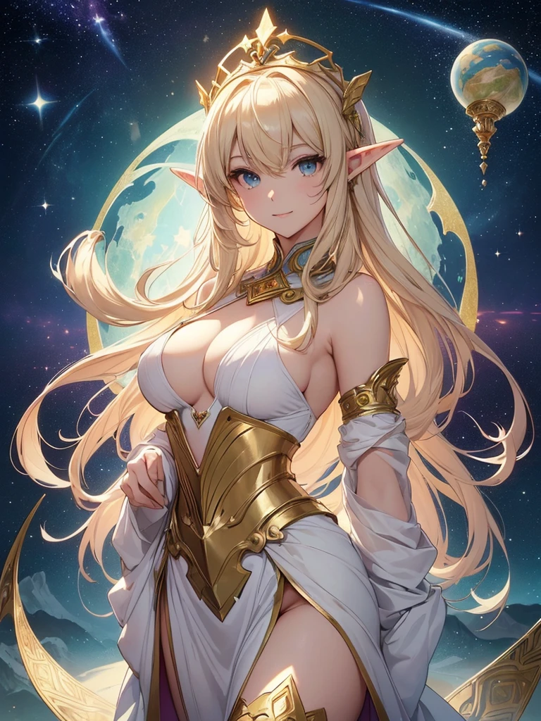 top-quality、Top image quality、masterpiece、Super beautiful elf beauty((24 year old、Best Bust、big bast、Bust 90,beautiful long ironed hair、a blond、globe、A sexy、A slender、a closeup、Esbian、beautiful tiara、hiquality、Beautiful Art、Background with((starrysky)))masutepiece、visualart、depth of fields、low angle of morning sky、、Elven ears、、light magic、Space Knight、harp melody🎵、Happy smile、Gentle light、、Beautiful legs that are gentle on the skin、、、Number of fingers to achieve precise finger movements、ticker beautiful decorative underwear、elegent、Mystical Rosa、 Heaven、Marble pillars, beautiful dressy、magnificent marble dome、巨大なglobe、religious painting、Hug the earth、Temple of Time、Great watch、hour glass、sundial、moment of creation!myth、alphonse mucha art、art noveau、byzantine art、golden mosaic decoration、the woodsの装飾、the woods、gold foil、、Raphael paintings