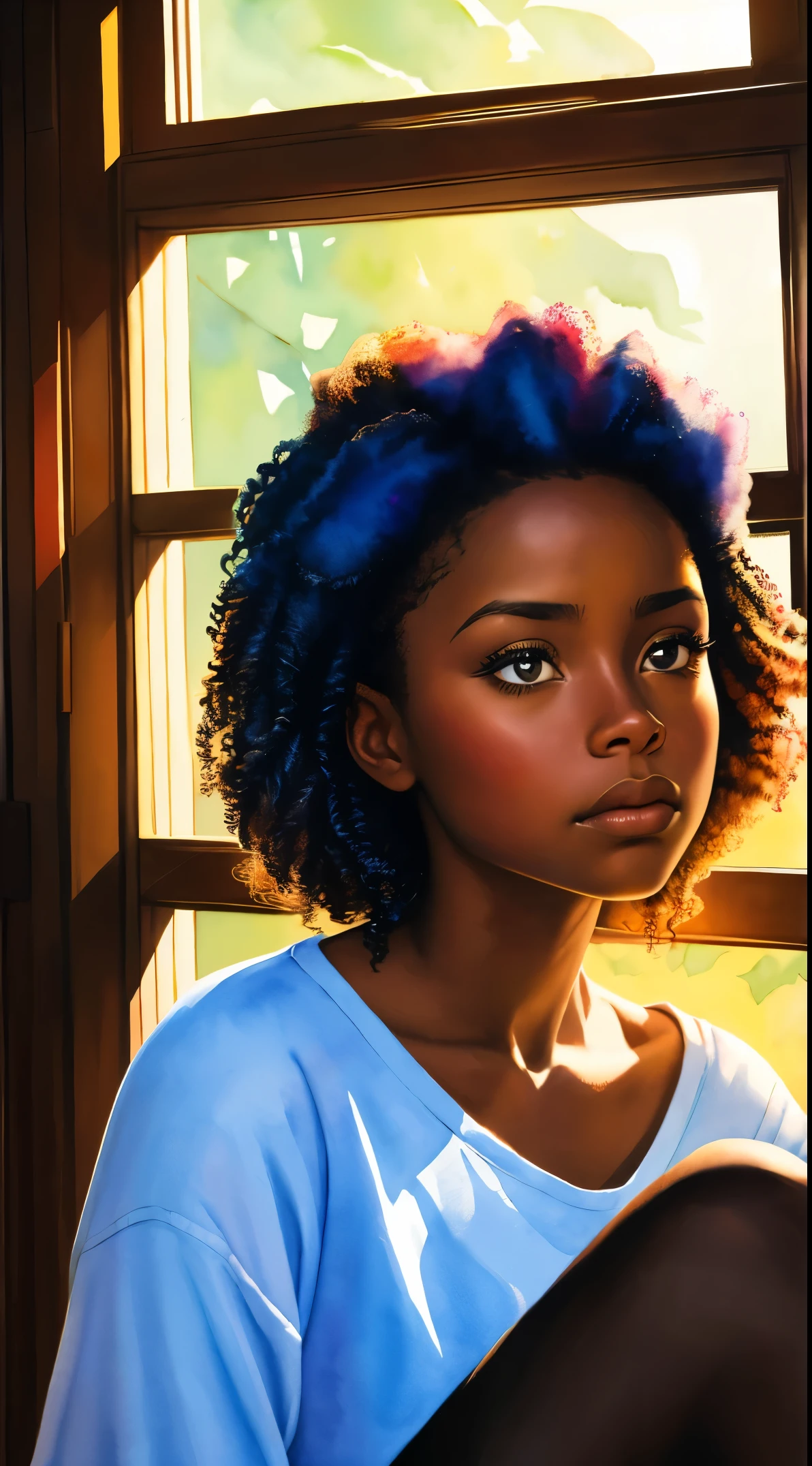 painting of a woman with a curly hair in her hair, inspired by Chinwe Chukwuogo-Roy, pretty black girl, african american girl, black teenage girl, sitting near a window, natural_light, watercolor portrait, trending on artstration, frowning, apathetic, shiny curly braids, highly detailed, 8k, uhd