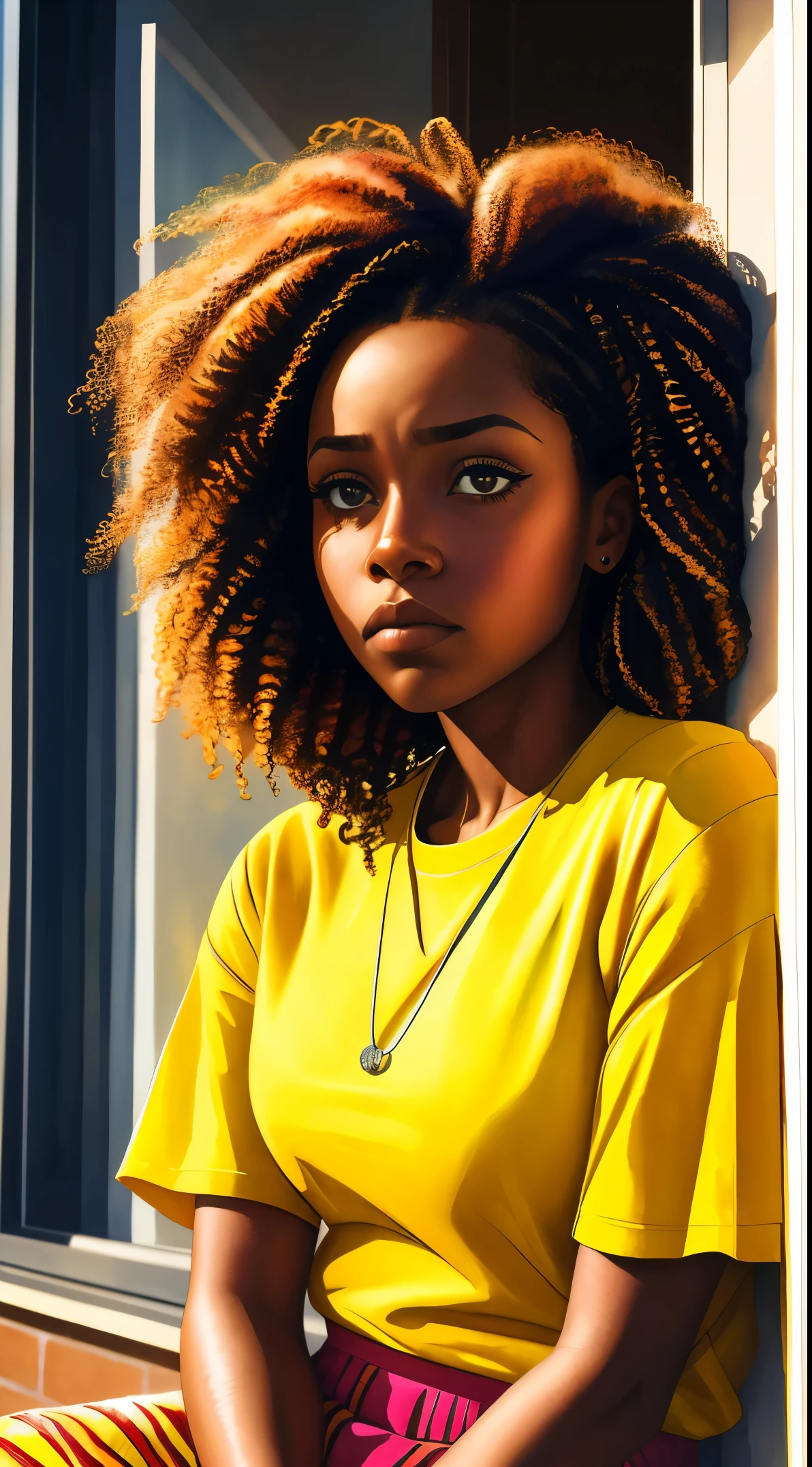 painting of a woman with a curly hair in her hair, inspired by Chinwe Chukwuogo-Roy, pretty black girl, african american girl, black teenage girl, sitting near a window, natural_light, watercolor portrait, trending on artstration, frowning, apathetic, shiny curly braids, highly detailed, 8k, uhd