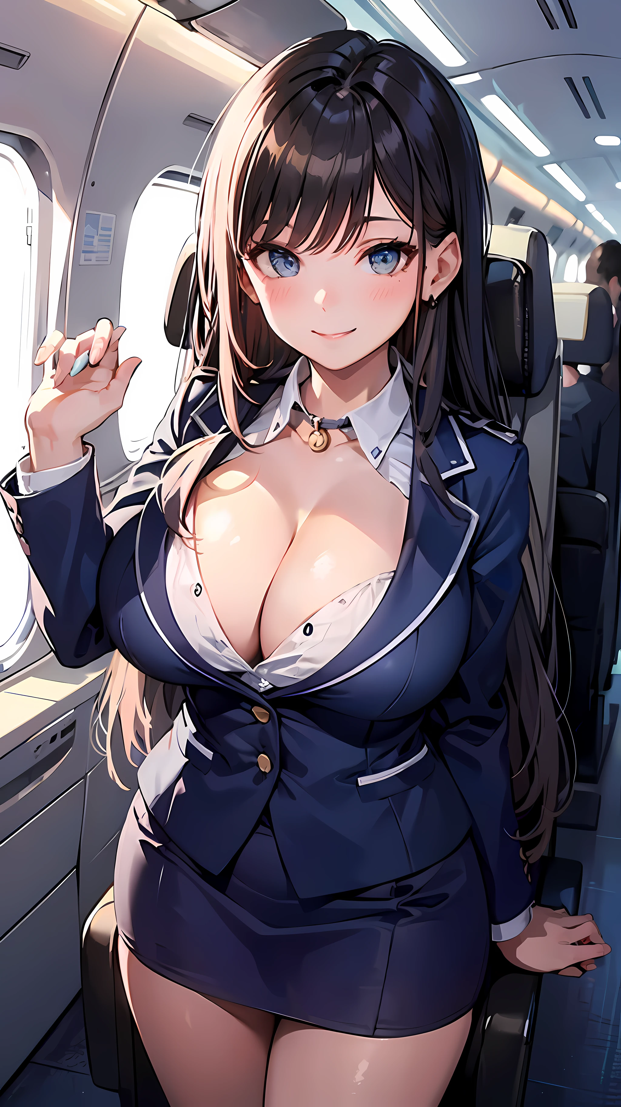 tmasterpiece, Best quality at best, 1个Giant Breast Girl, Stewardess, gigantic cleavage breasts, Chopping, ssmile, Blue suit