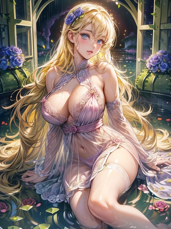 ((Finest quality)),(超A high resolution),(Ultra-detailed細),(Meticulous portrayal),((the most picturesque works of art),Ultra-Precision Art,The art of astounding depiction,Fantasyart:1.5, ((Beautiful flowers々:1.5)),((Creeper:1.5)), (Body eroded by flowers:1.3),Glamorous body:1.3,fancy background effects、masterpiece、Fancy details、(NSFW 1.1), ((1girl in)), ((masutepiece)), ((Highly detailed:1.3)), In crystal clear water,beautiful woman entering the lake, ((long yellow hair)), Wet hair, Wearing a light transparent dress, clothed bathing, steam, (Rose petals floating in water:1.3), Early morning light, Ivory Gold AI, windows, Crepscular lighting, 、Lace sheer underwear、very very gigantic boobs、Pink nipples、pink areolae,透けて見えるPink nipples、透明なpink areolae、lace and string shorts.、princess carry,Sexy lingerie with lace and strings,See-through sexy lingerie,Transparent lingerie、translucent dress、pearlsescent、pearls、Sexy Harness、Sexy garter belt、Sexy Stockings、Well equipped,intimate, rose garden、Multicolored roses、lake with floating roses、Lying down、Open legs、Spread your legs、Open thighs、Immersion in water、Wet body、splash water、gorgeous flower decoration、big flowers、stylish hair、Moon, lantern, Night, Solo, playing in the water, Water, hair flower, flower, Outdoors, skyporn, full Moon, Rain, lantern, wet clothes, skyporn, wet hair (((masutepiece),(the Extremely Detailed CG Unity 8K Wallpapers),Best Quality,Cinematic lighting,Detailed background,Beautiful detailed eyes,Bright pupils, (extremely delicate and beautiful),(Beautiful and detailed eyes description), Ultra-detailed,masutepiece,)),