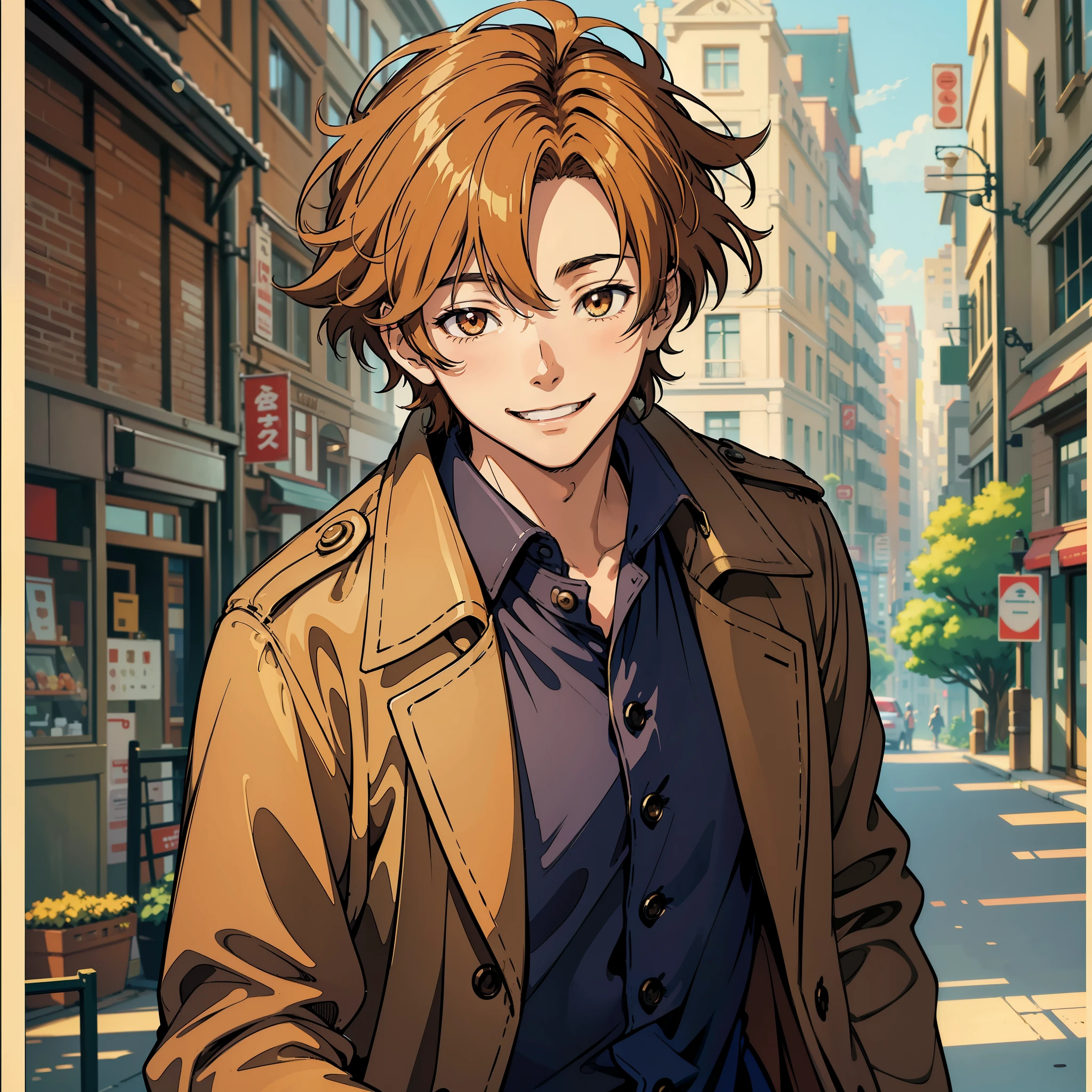 (high quality anime style illustration), a young man with a (happy smile) and [curly red hair:1.4], [dark brown eyes:1.2], (warm and inviting portrait) with great attention to detail, city morning, blurry foreground, brown trenchcoat, dappled sunlight, yandere