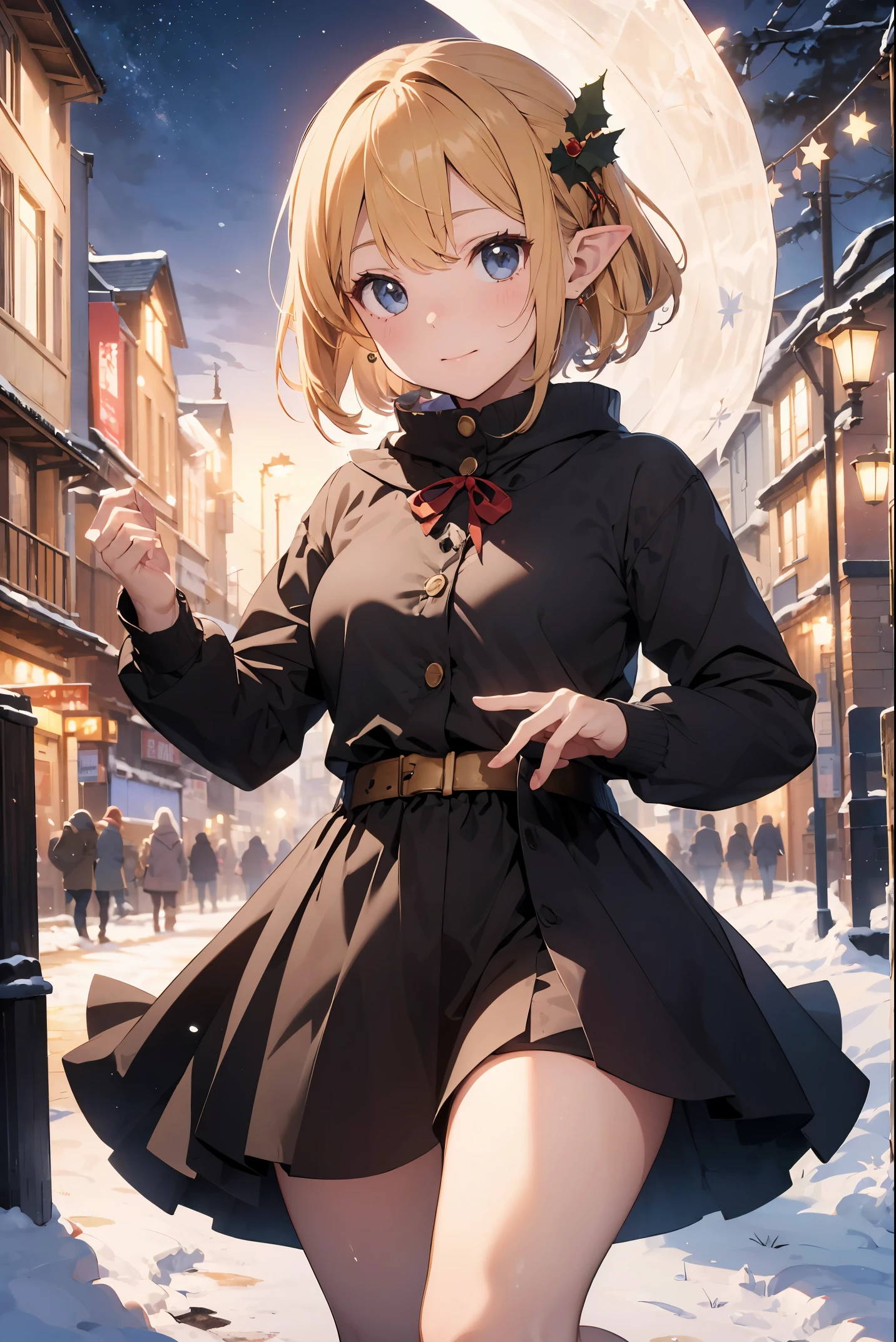 masterpiece、hightquality、high-level image quality、Detailed down to the smallest detail、
A character with blonde hair styled in a bob cut and elf-like ears stands in the center of a magical scene. She is wearing a festive Christmas-themed costume, primarily in black, with a design that hints at Victorian elegance. The dress is tailored with holiday elements such as red ribbon accents, holly berry decorations, and white faux fur lining reminiscent of Santa's outfit. Around her, the atmosphere is enchanting, as if she is part of a winter solstice ritual. The sandy beach is now dusted with a fine layer of snow, and instead of coins, there are small, wrapped gifts scattered about. Magical swirls of light dance around her, now resembling snowflakes and stars. Under her feet, the circle with arcane symbols is drawn in the snow, glowing with a soft, festive light.