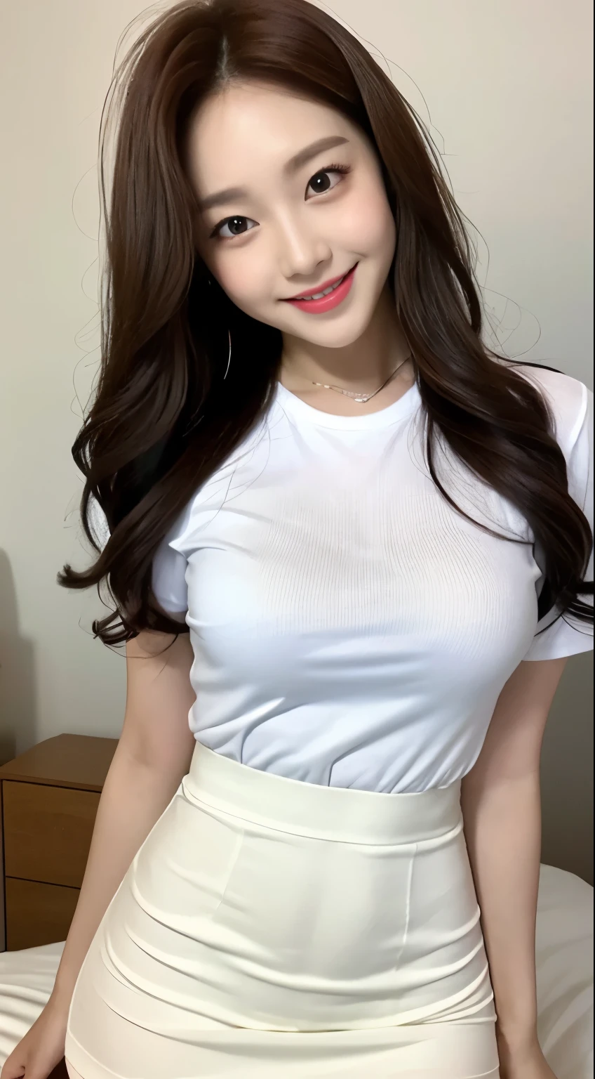 White tight shirt、White tight mini skirt、a bed、a smile、shortsleeves、high-level image quality、Hallyu Idol Face