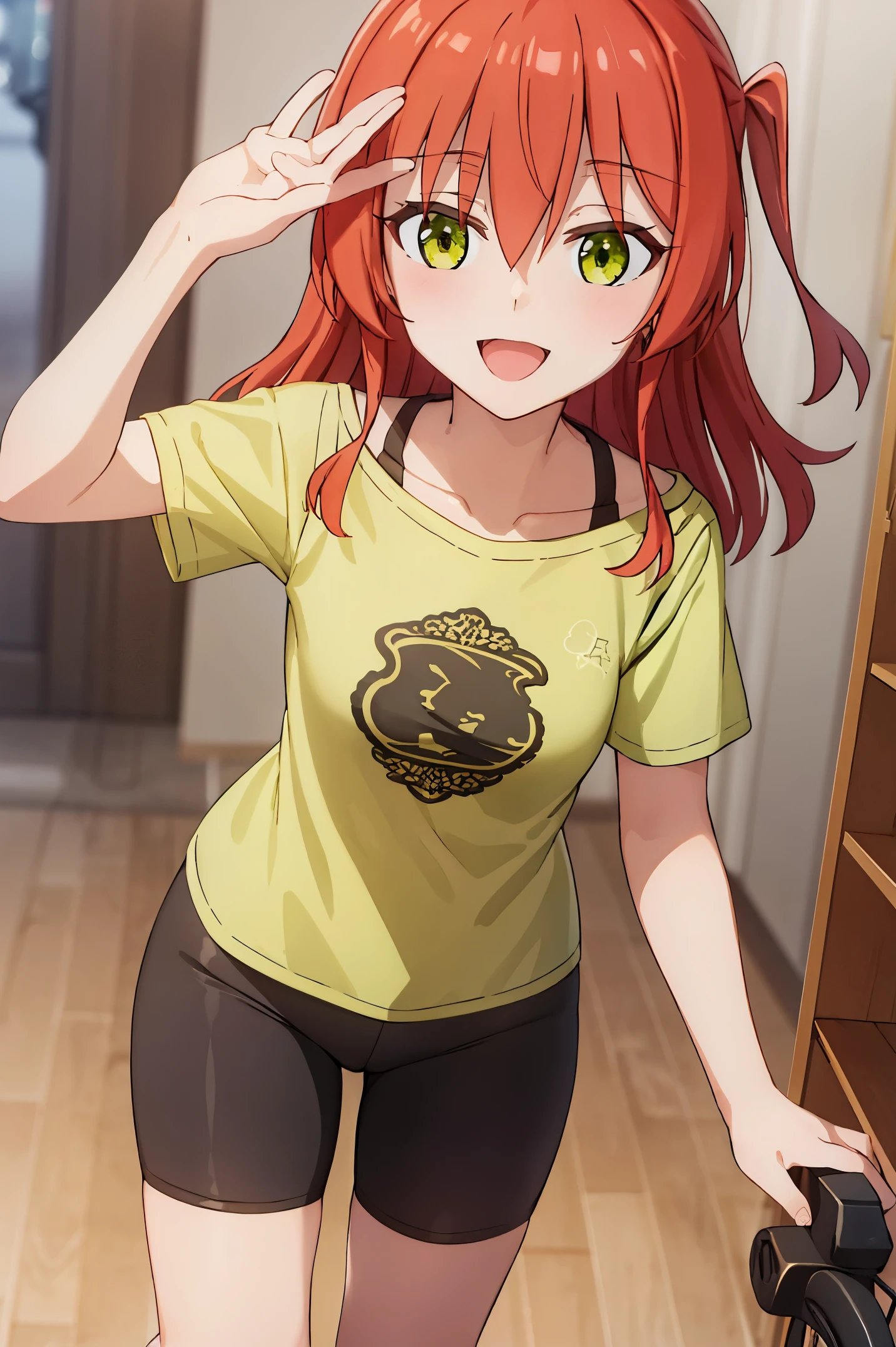 Room, 1 girl, best quality, ultra high res, long hair, red hair, green eyes, looking at viewers, small breast, standing, pov, slim body, loli body, small body, smile, open mouth, yellow shirt, short sleeves, bike shorts,