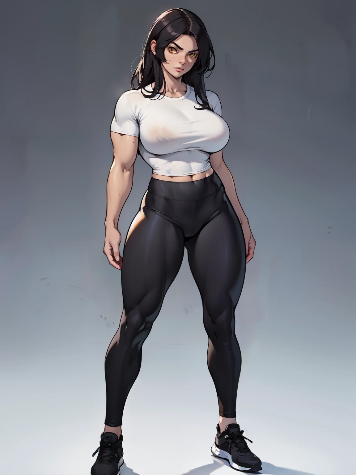 full body full body solo standing tight shirt leggings (((muscular girl toned body large breasts))) yellow eyes  black hair pale skin