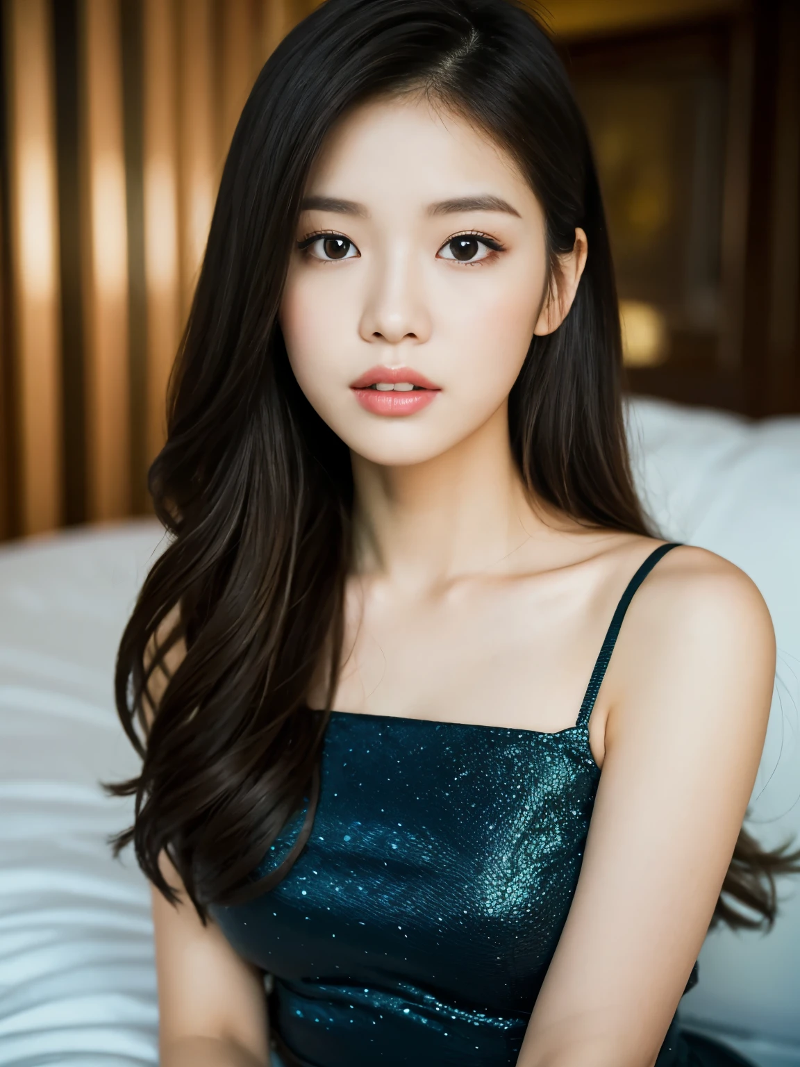 Superb, Masterpiece, Ultra High Quality, Realistic, Girl, (Beautiful Face 1.4), (Big, Constricted Waist), Long Hair, Indoors, Bokeh, Milight, Glossy Skin, Small Head, Sleeping with Two