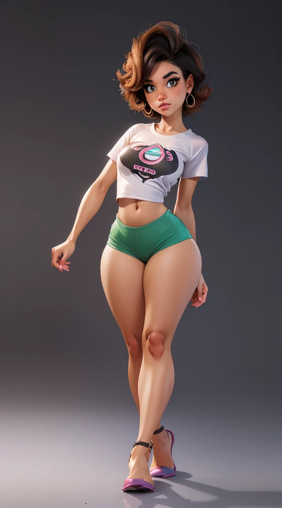 16-year-old black girl, with Maria João haircut, green eyes, large breasts, large butt, toned legs, perfect body, long t-shirt and tight shorts, pose with black background