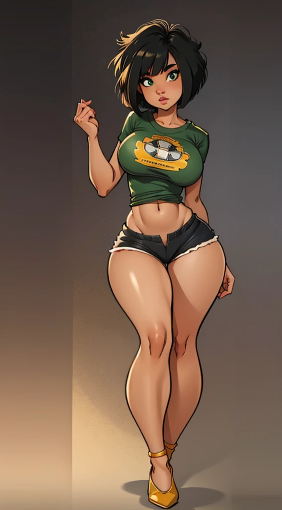 -yeld bl girl, with Maria João haircut, green eyes, large breasts, large butt, toned legs, perfect body, long t-shirt and tight shorts, pose with black background