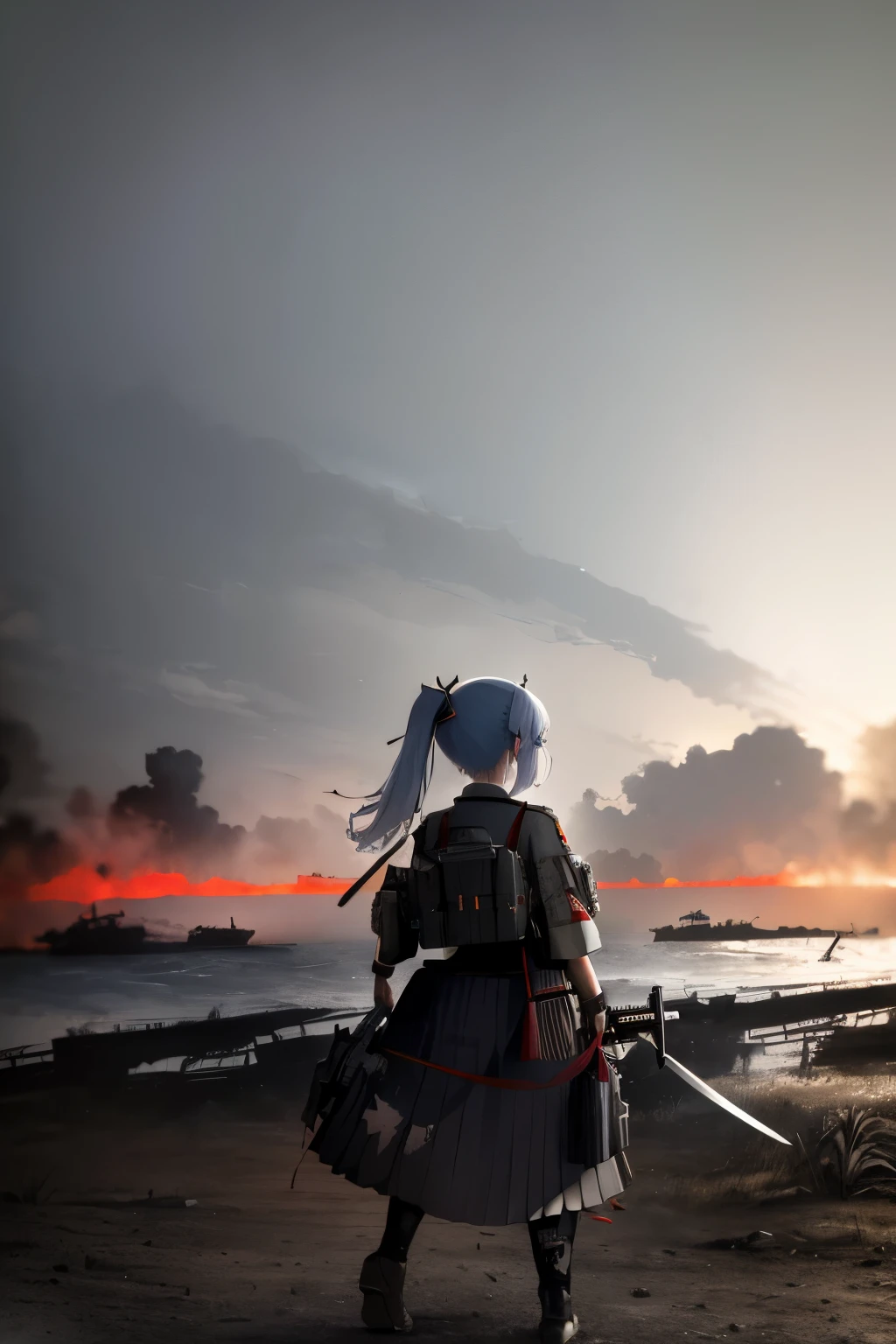 (realistic battlefield, war-torn Pacific island, high resolution),
Ayaka (Genshin Impact) charges into the tumultuous battlefield on a Pacific island during World War II, clad in a historically accurate Japanese military uniform and wielding a katana. The background mirrors the gritty and chaotic atmosphere reminiscent of the Pacific theater, drawing inspiration from the intense visuals seen in Battlefield 5.
The landscape is scarred by war — palm trees sway amidst the smoke, remnants of structures hint at the island's previous serenity, and explosions punctuate the air. The scene captures the relentless ferocity of conflict and the challenges faced by those who fought in the Pacific theater during World War II.
This composition aims to immerse Ayaka in the brutal realism of the battlefield, offering a powerful visual narrative that pays homage to the historical context while infusing elements from the intense atmosphere of Battlefield 5.