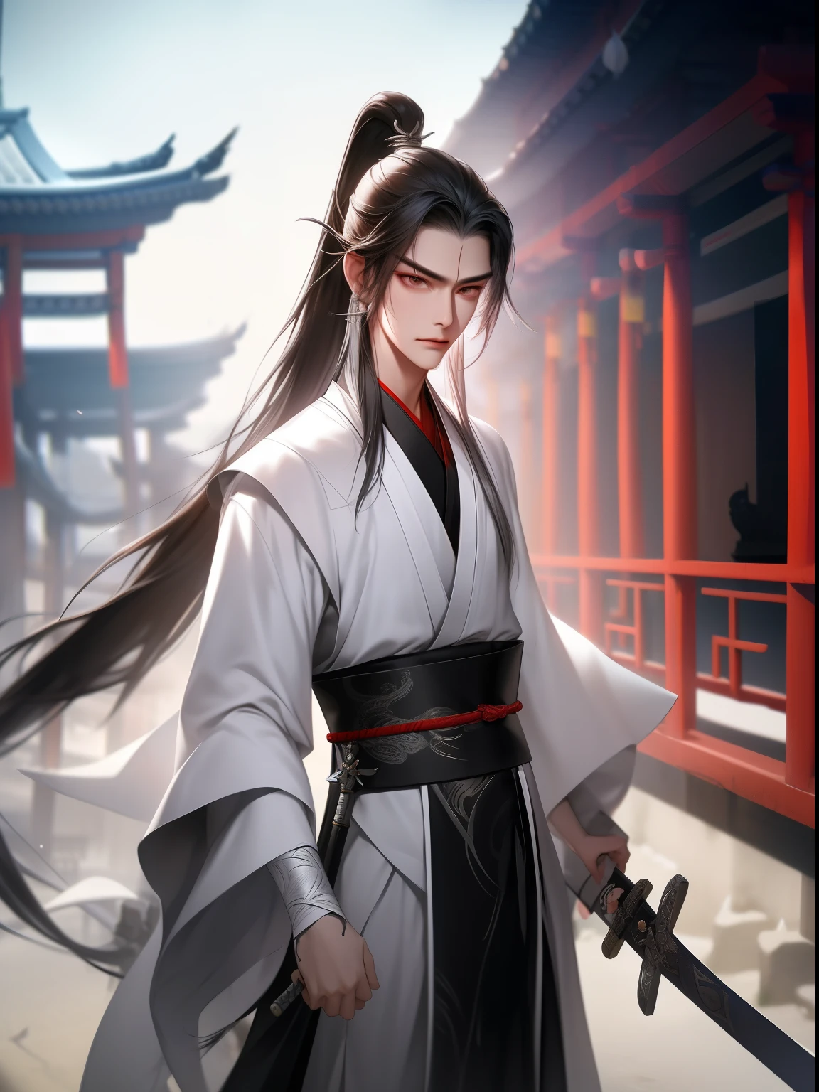 xianxia, 1 boy, malefocus, arma, Long gray hair, Alone, The sword, black hair color hair, fail, fail arma, Outdoor sports, fail The sword, east asian architecture, architecture, Wide sleeves, bblurry, everlasting, bblurry background, longer sleeves, pony tails, Chinese clothes, daysies, ventania, Hanfu, Upper part of the body, Sash