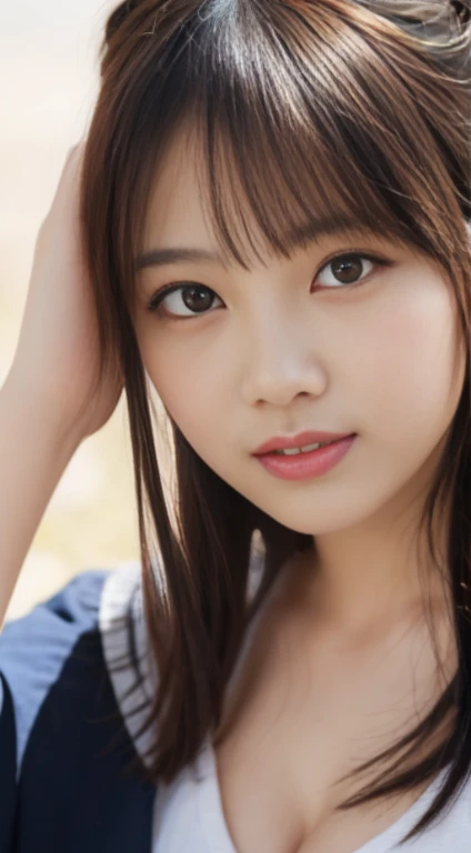 masutepiece, Best Quality, Illustration, Ultra-detailed, finely detail, hight resolution, 8K Wallpaper, Perfect dynamic composition, Beautiful detailed eyes, Down jacket,(pony tail hair),(爆乳:1.4)、Natural Color Lip, Bold sexy poses,Smile、22-year-old girl、Cute、Sexy shot looking at camera,Raw photo,Perfect and beautiful face,beautifull detailed face,Blur the background,Raw photo