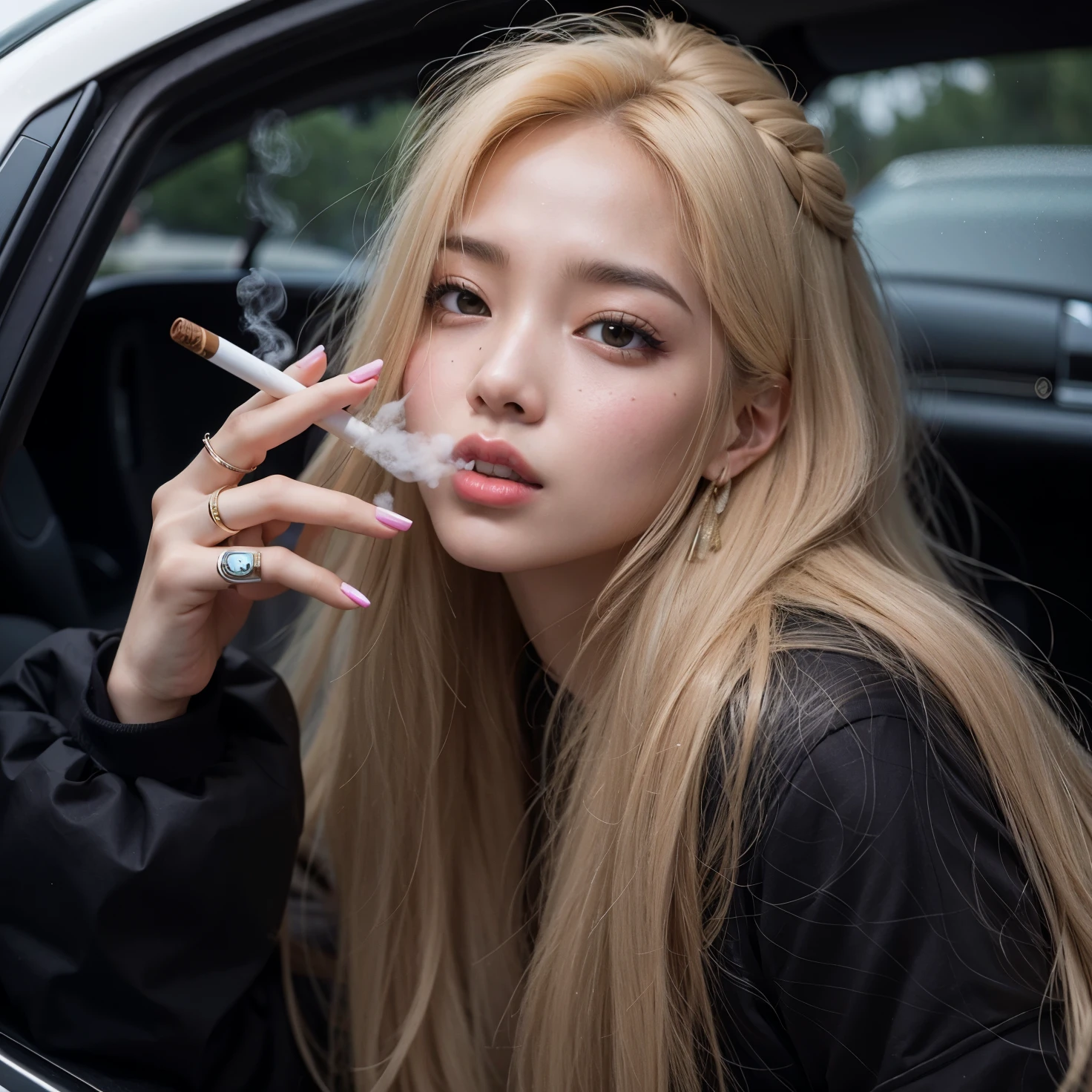 araffe girl with long blonde hair smoking a cigarro in a car, Parque Roseanne do Blackpink, menina coreana, jossi do blackpink, portrait of jossi do blackpink, jennie blackpink, Jennie Kim do Blackpink, Ulzzang, maquiagem sul-coreana popular, Kim Jenn do blackpink, beautiful south Mulher coreana, cigarro, com longos cabelos brancos, Mulher coreana