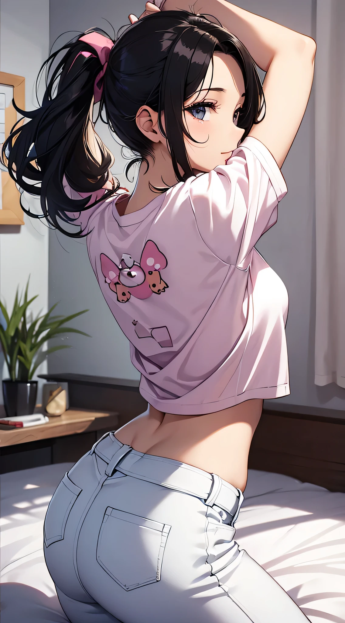 top-quality、Top image quality、​masterpiece、Teenage girl((White Y-shirt、long black trousers、18year old、 Ager、Best Bust、big bast,Black eyes, Black hair、A slender,Large valleys、Keep your back straight、stretching arms up、A slight smil、poneyTail)),hiquality、Beautiful Art、Background with((Nice and clean room.、animal stuffed、pink walls))​masterpiece、depth of fields,Cinematic style
