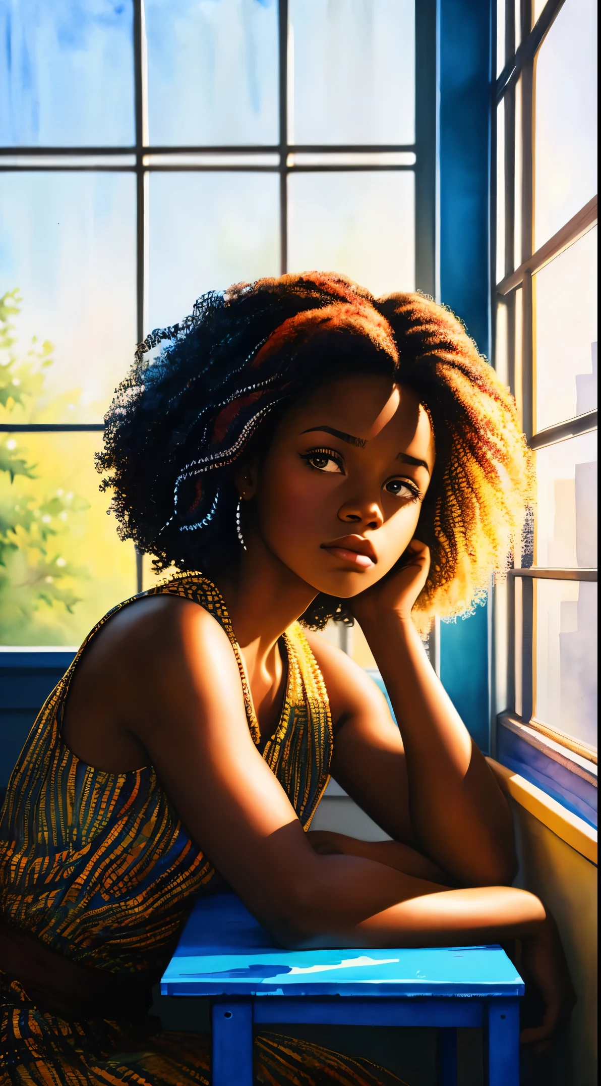 painting of a woman with a curly hair in her hair, inspired by Chinwe Chukwuogo-Roy, pretty black girl, african american girl, black age girl, sitting near a window, natural_light, watercolor portrait, trending on artstration, frowning, apathetic, shiny curly braids, highly detailed, 8k, uhd