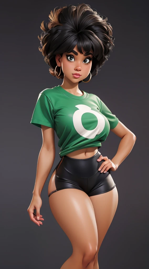16-year-old black girl, with Maria João haircut, green eyes, large breasts, large butt, toned legs, perfect body, long t-shirt and tight shorts, pose with black background