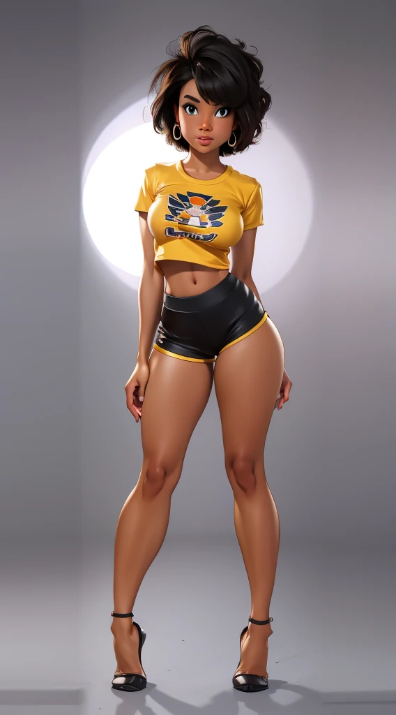 -yeld bl girl, with Maria João haircut, green eyes, large breasts, large butt, toned legs, perfect body, long t-shirt and tight shorts, pose with black background