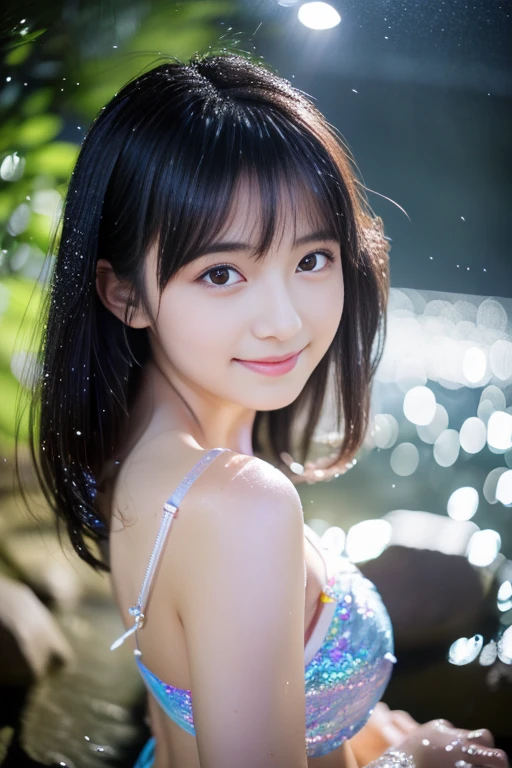 ((masterpiece))), (One beautiful Japan girl, classmates, landscape and innocence,kawaii,A dark-haired :1.4)) ,超A high resolution, Realistic, ultra-detailliert, 8K,top-quality, Extremely detailed, Detailed background,A slender,very beautiful japanese girl, Detailed face:1.3), , (a baby face,kawaii系,adorable girl),masutepiece, High resolution, 8K, Henyo Henyo smile,Eyes are double, Large,High image quality, High quality、Detailed background、early evening、rain is falling、Rain-soaked hair、White shirt wet in the rain,4 fingers, 1 thumb、Detailed female face、Cute and charming pose、masterpiece、Soft Focus , bright and gentle light , Lens Flare , Glitter , Glow , Dreamy , Wet in the rain, clothes that cling to one's body、(Pale black bra shows through)、((Heavy rain background))、(((Beautiful water background、a miniskirt、With the rainbow in the background))),beautiful thigh