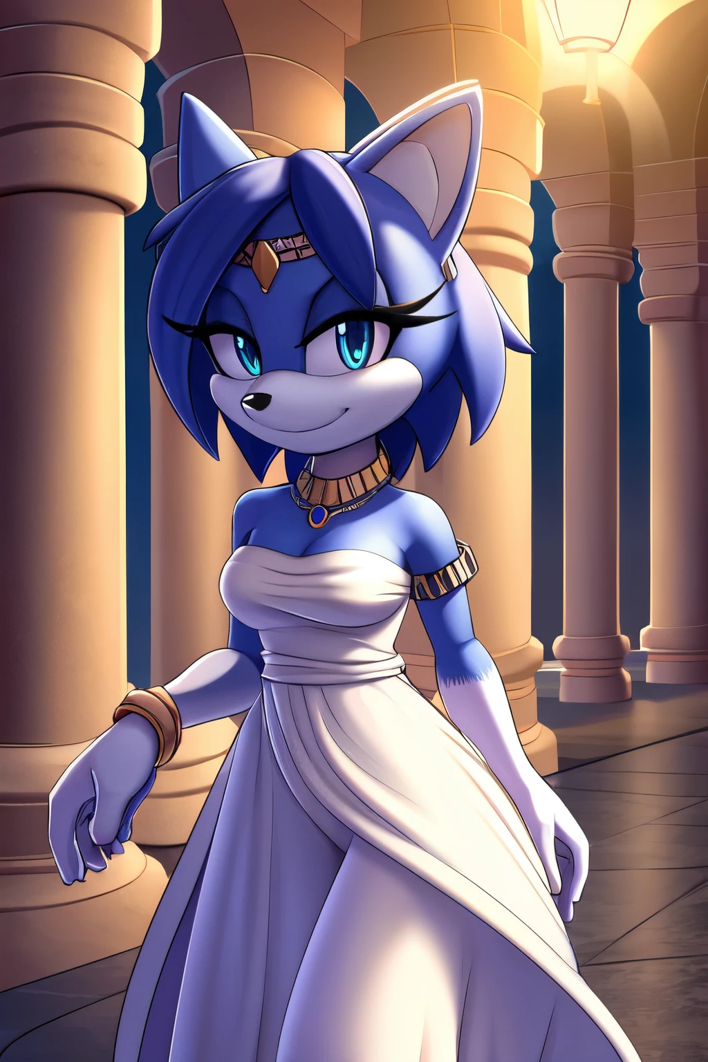 Krystal The Fox, Blue Fox, Blue Skin, Blue Eyes, Fox Tail, Beautiful, Short Hair, Jewelry, White Dress, Long Dress, Night, Stars, Looking at Viewer, walking, 2D illustration. A Background of a Roman pillars in a Roman temple, with flowers, upper body, close up