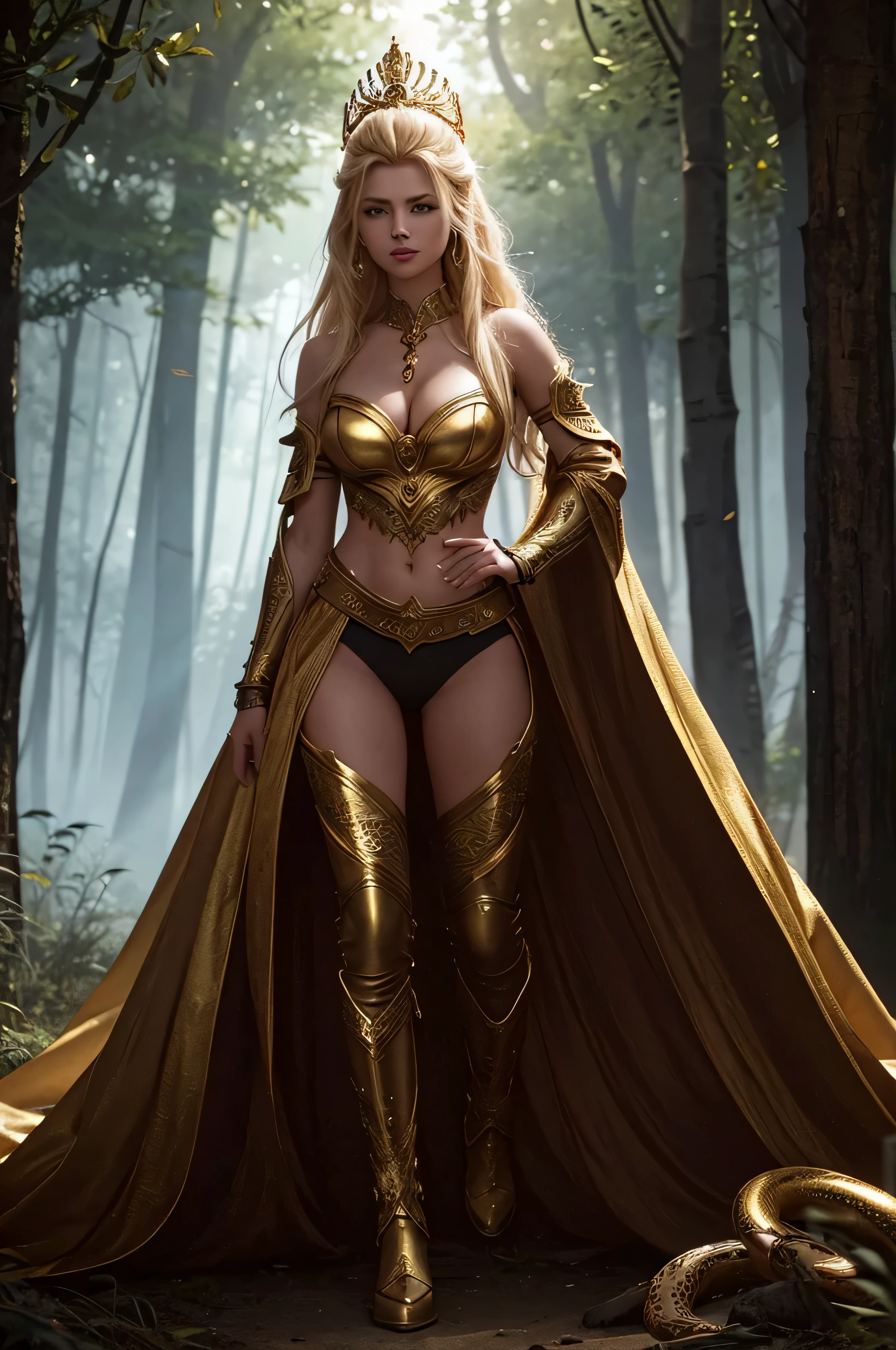 full body a warrior princess with fairytale beauty, tight-fitting, deep-cut, gold armor, splashed with red paint a beautiful serious aristocratic face, crown on his head, in thigh-high golden boots, snakes coil under his feet, standing in a scary forest on a misty moonlit night. She has very long blonde hair, blue eyes, full red lips, brown skin, ultra - realistic skin texture, figure, and gaze. The scene is depicted in an ultra - detailed, photorealistic, cinematic, dramatik, dark fantasy style with an ethereal glow of light 8k